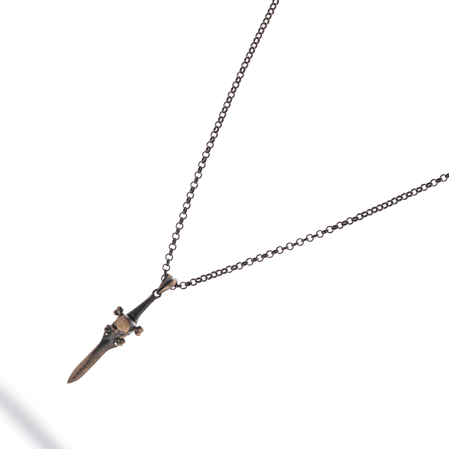 Sterling silver necklace with rhodium-plated skull and sword blade pendant, oxidized finish, 27-inch chain, warrior men’s jewelry.