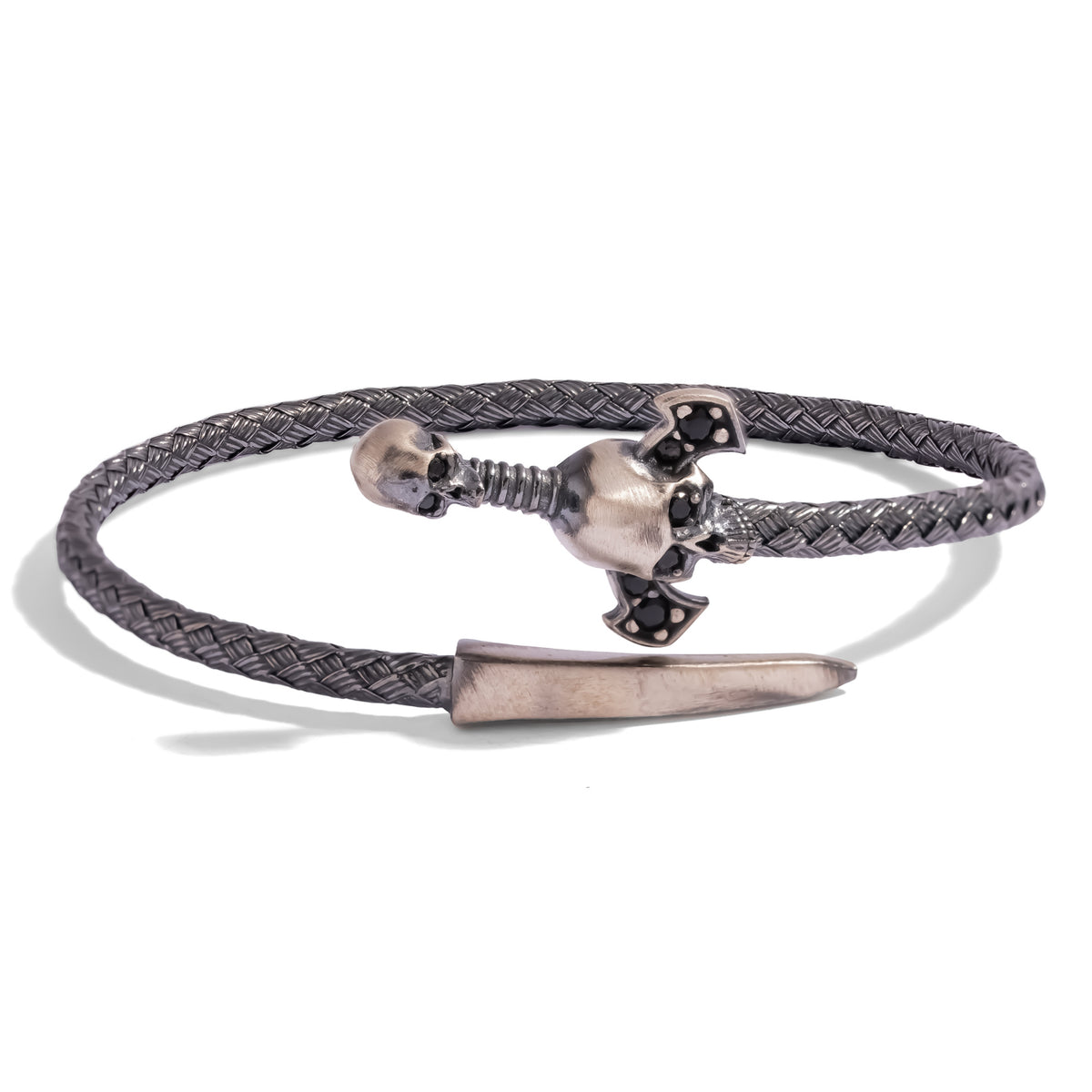 Skull & Dagger Oxidized Sterling Silver Men's Wrap Bracelet with two sculpted skulls, a black zircon Gothic cross guard and a polished dagger tip