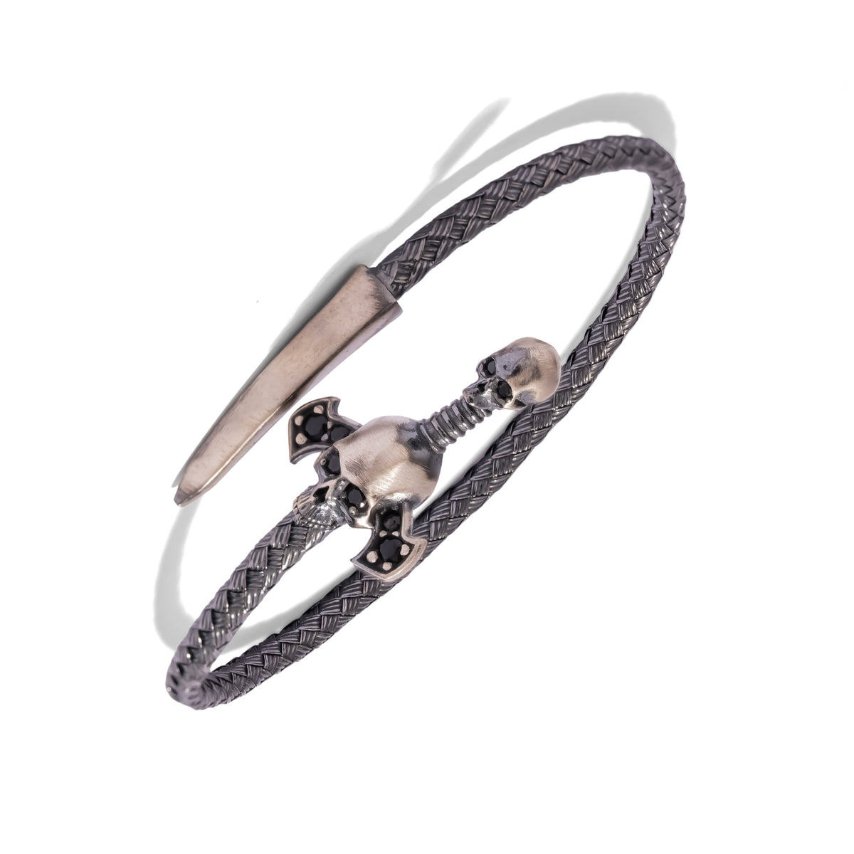 Top view of the men's skull dagger bracelet showing the black zircon cross guard and open wrap design