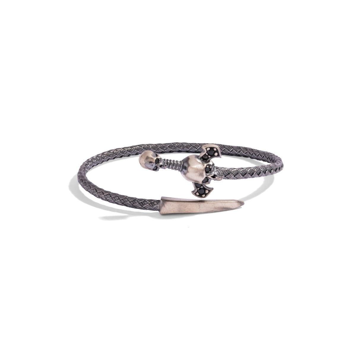 Oxidized sterling silver skull and dagger wrap bracelet on a white background, front view