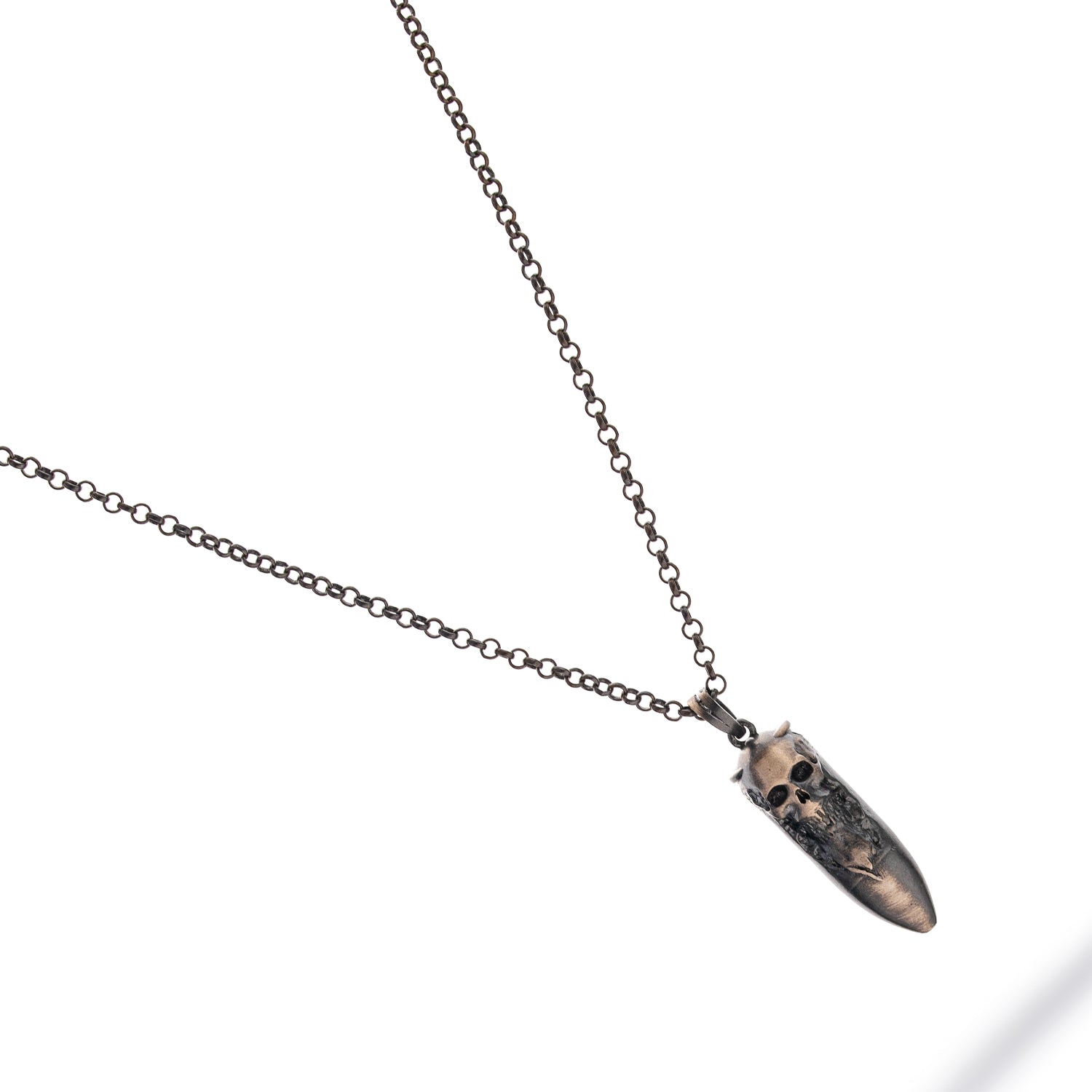 Sterling silver skull and fang pendant necklace, dark rhodium antique finish, handcrafted, 26-inch chain, bold style.