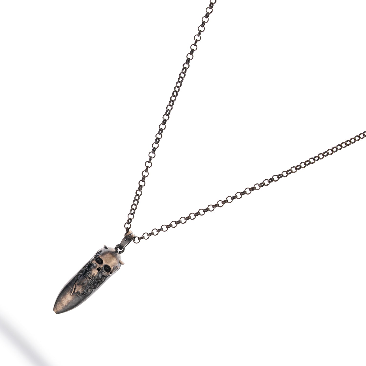 Handcrafted sterling silver necklace with skull and fang pendant, dark rhodium finish, 26-inch chain, masculine style.