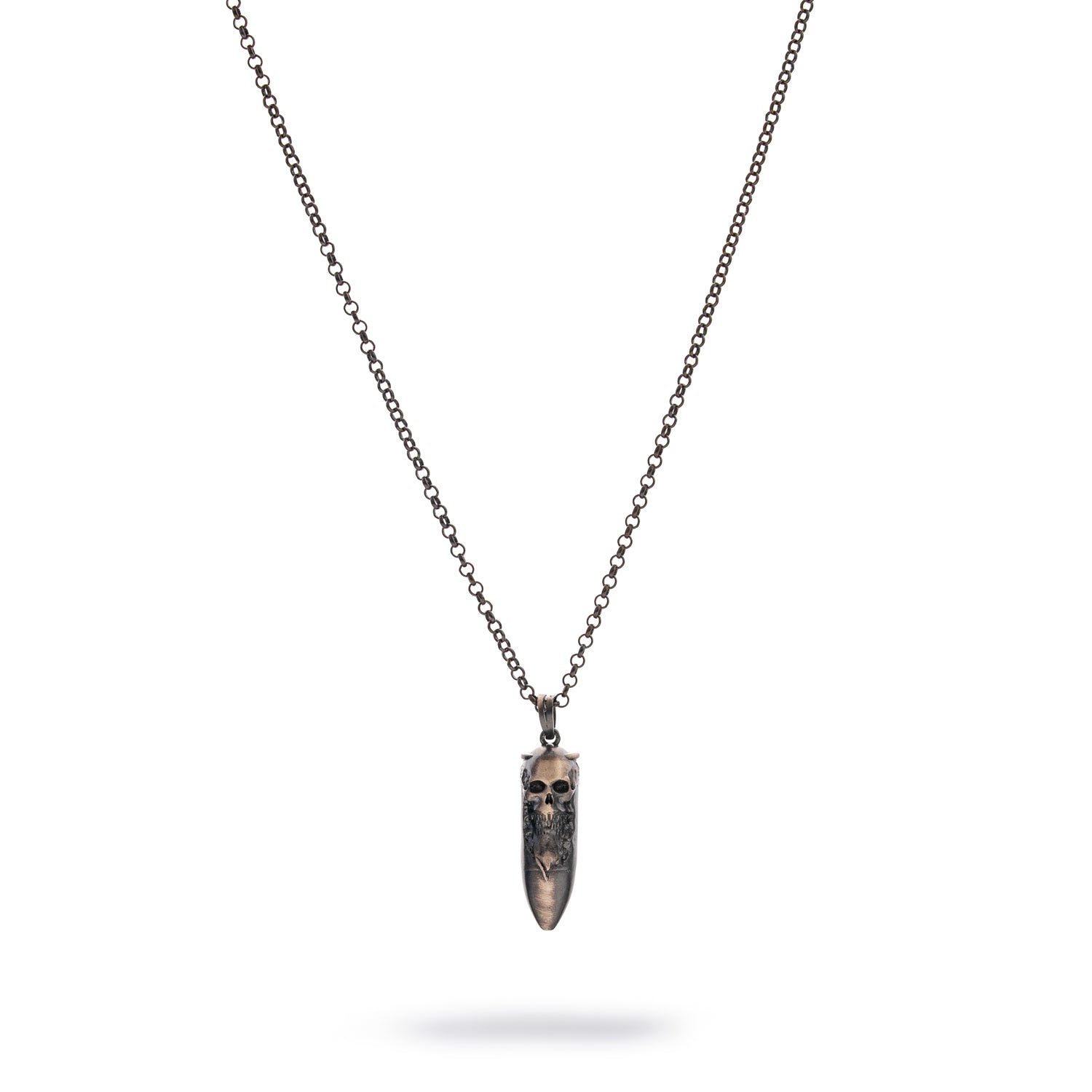 Handcrafted sterling silver necklace, dark rhodium finish, skull and fang pendant, 26-inch silver chain, masculine style.