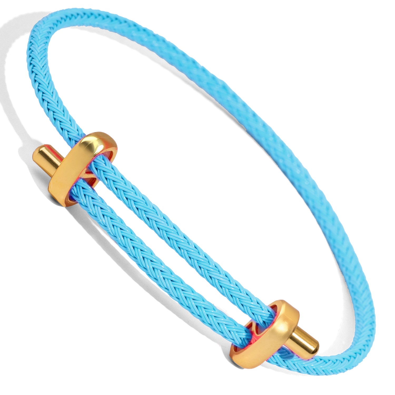 Modern braided bracelet with sky blue rope and gold touches