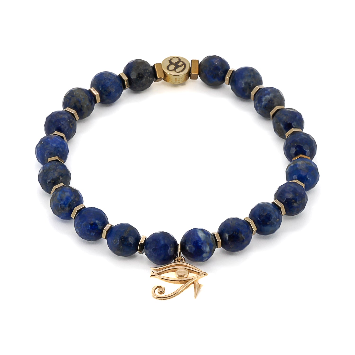 Experience the allure and spirituality of the Solid Gold Eye of Ra Spiritual Beaded Bracelet, handcrafted with lapis lazuli stones and a solid gold charm.