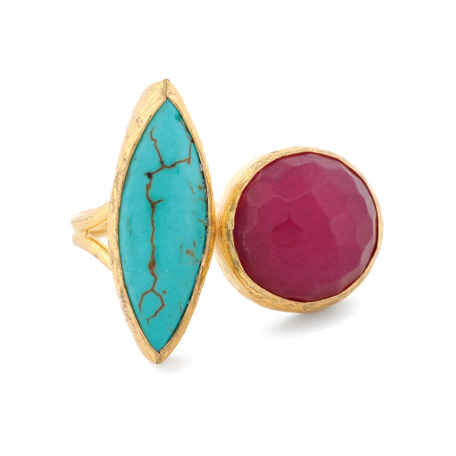 Soul Dance turquoise and ruby gemstone ring with dual-stone design on white background

