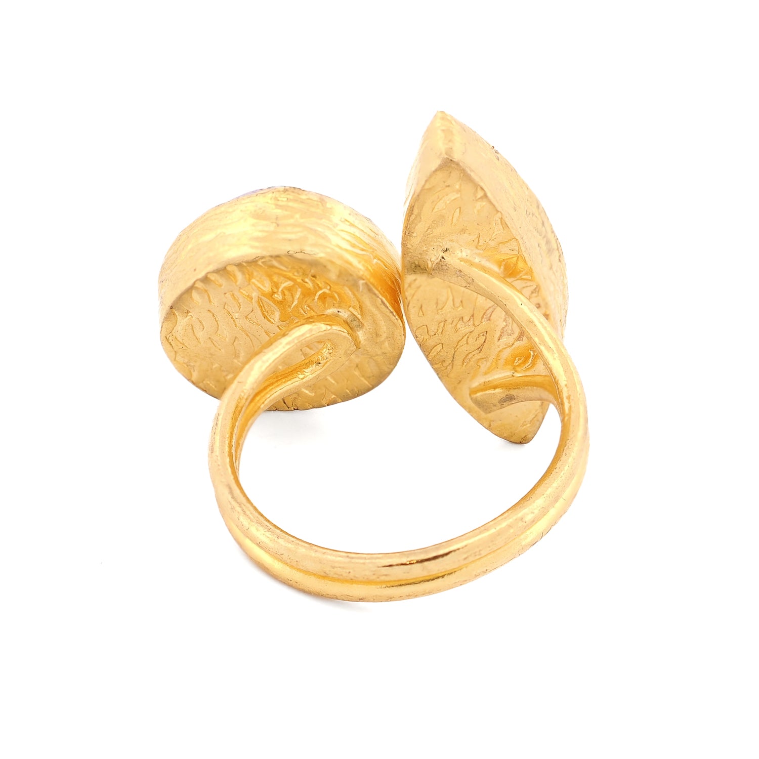 Close-up of 24K gold-plated bronze ring blending calming turquoise and vibrant ruby energy

