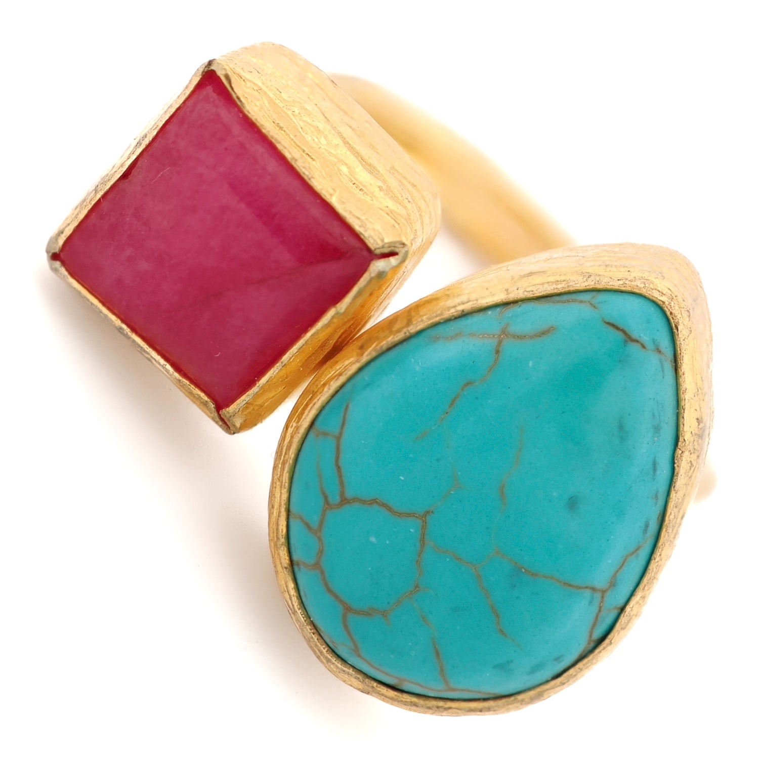 Close-up of 24K gold-plated bronze ring with asymmetric dual gemstone energy

