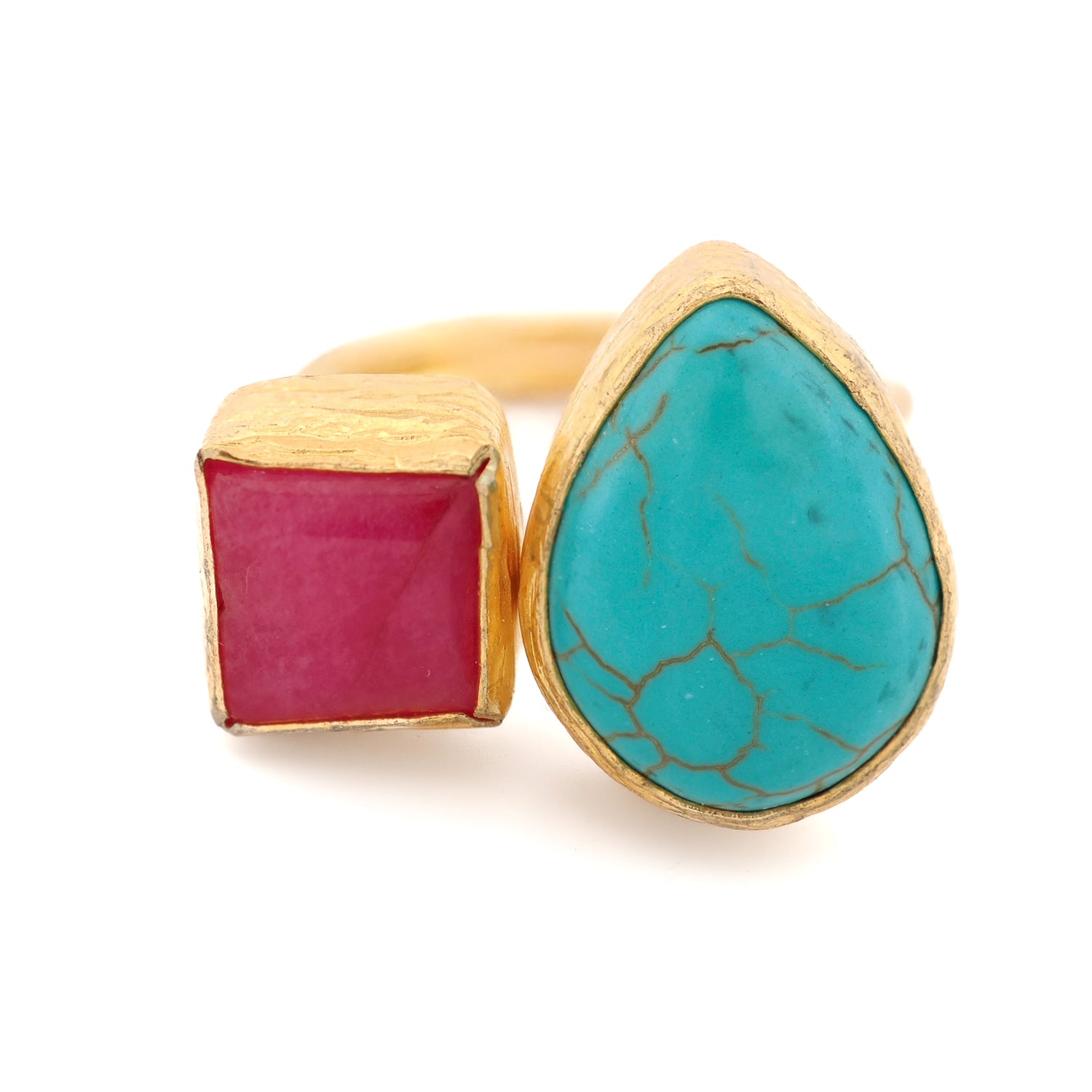 Soul Fire turquoise and ruby gemstone ring with dual-stone design on white background

