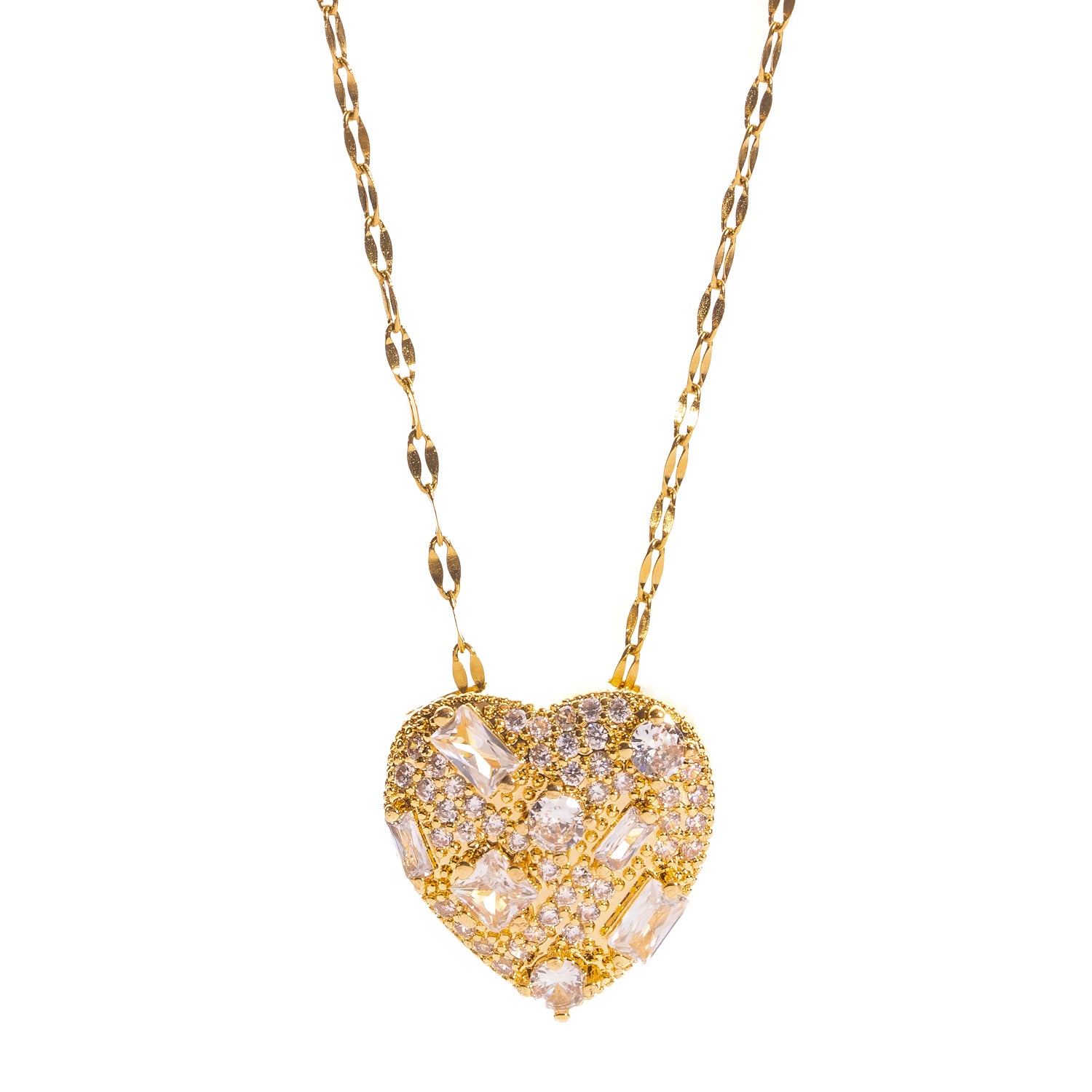Gold puffed heart pendant necklace set with baguette and round cubic zirconia in a mosaic