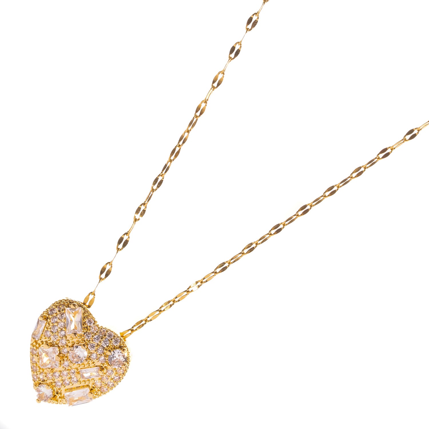 24K gold plated stainless steel heart necklace shown at an angle with sparkling mosaic stones