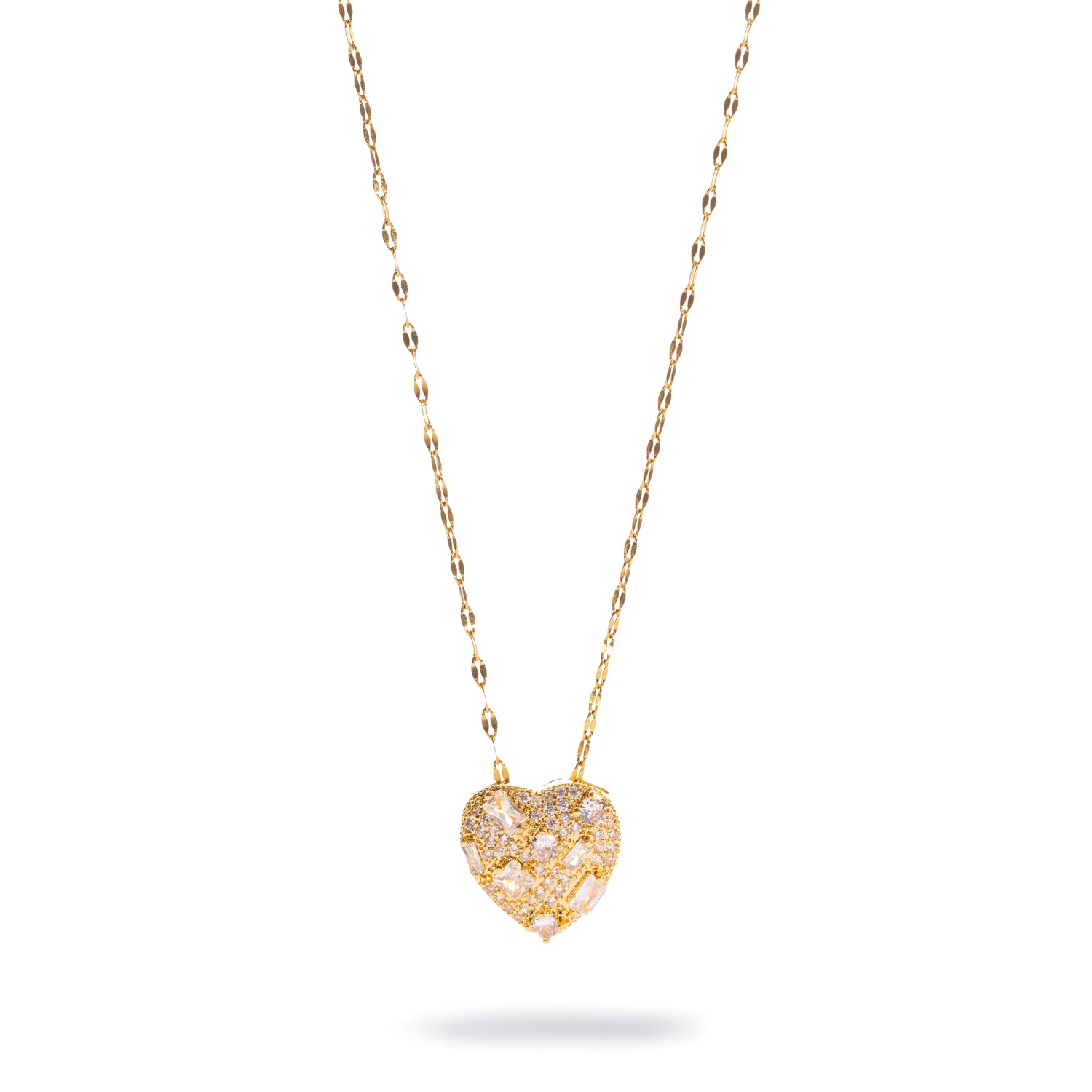 Sparkly baguette mosaic big heart gold necklace shown full length on a white background