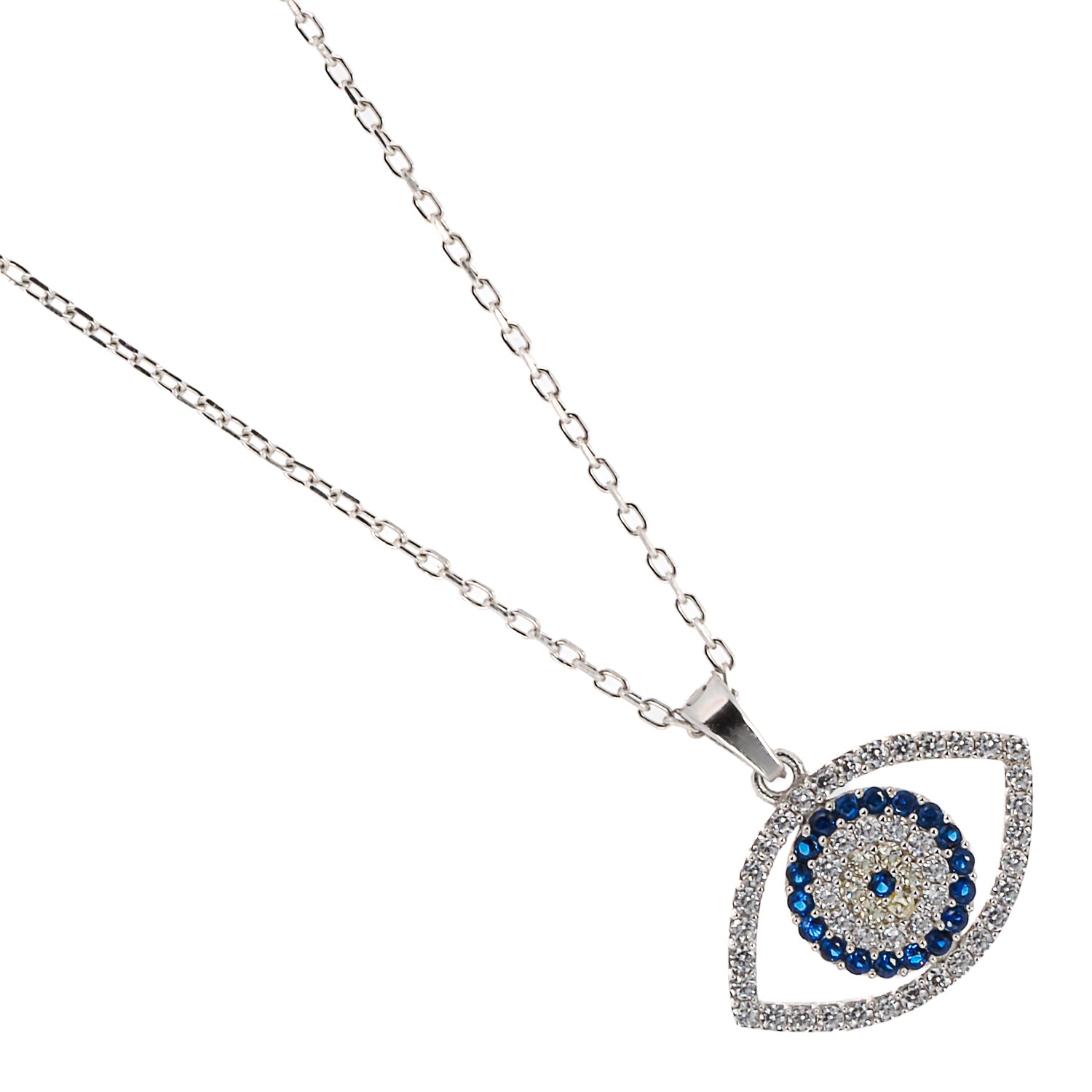 The elegant 925 Sterling silver chain of the Sparkly Evil Eye Necklace.