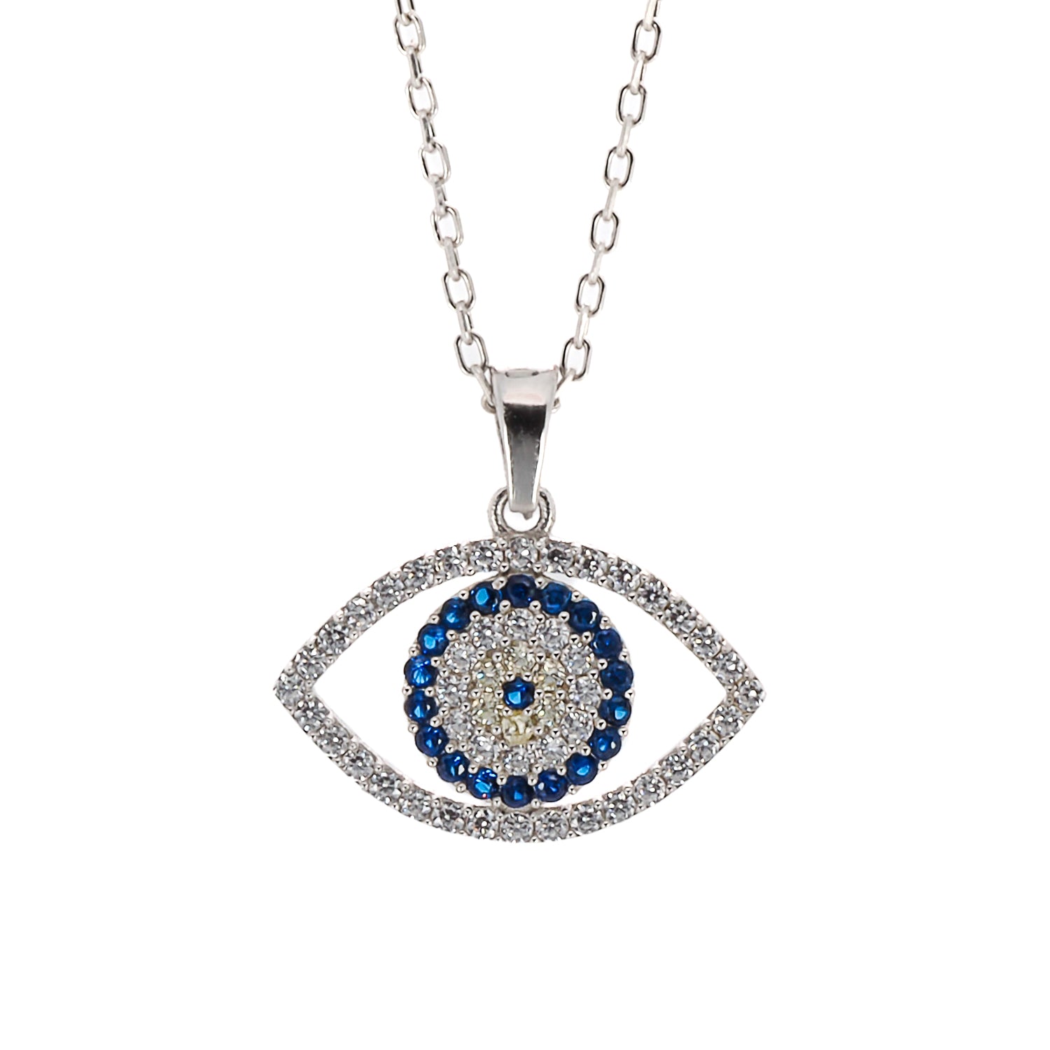 A close-up of the CZ diamond-adorned evil eye pendant on the Sparkly Evil Eye Necklace.