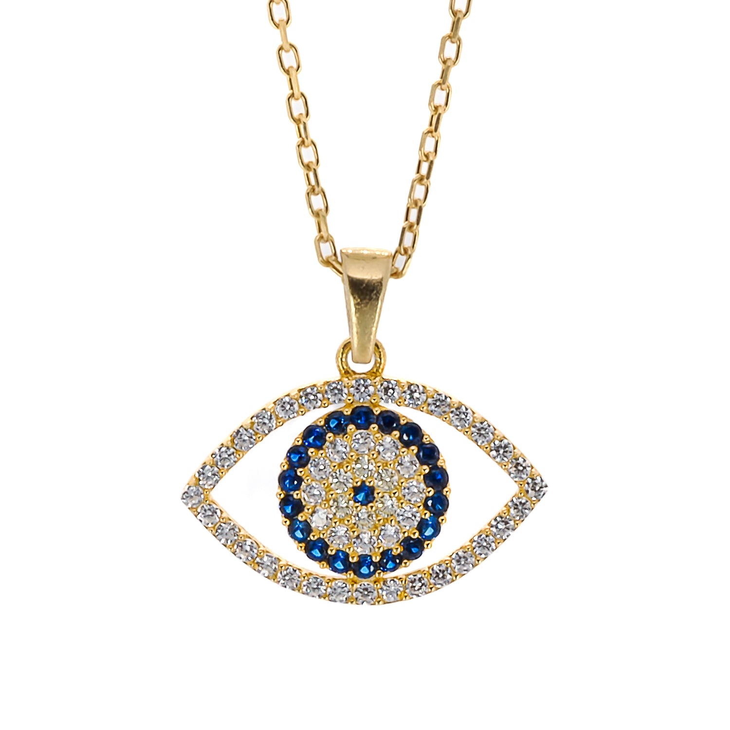 The evil eye is beautifully adorned with CZ diamonds, carefully set in a way that creates a dazzling display of sparkle and light.