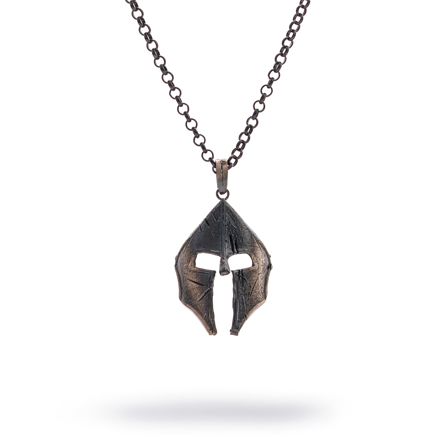 Sterling silver necklace with Spartan helmet pendant, rhodium and oxidized black finish, bold masculine style symbolizing courage and honor.