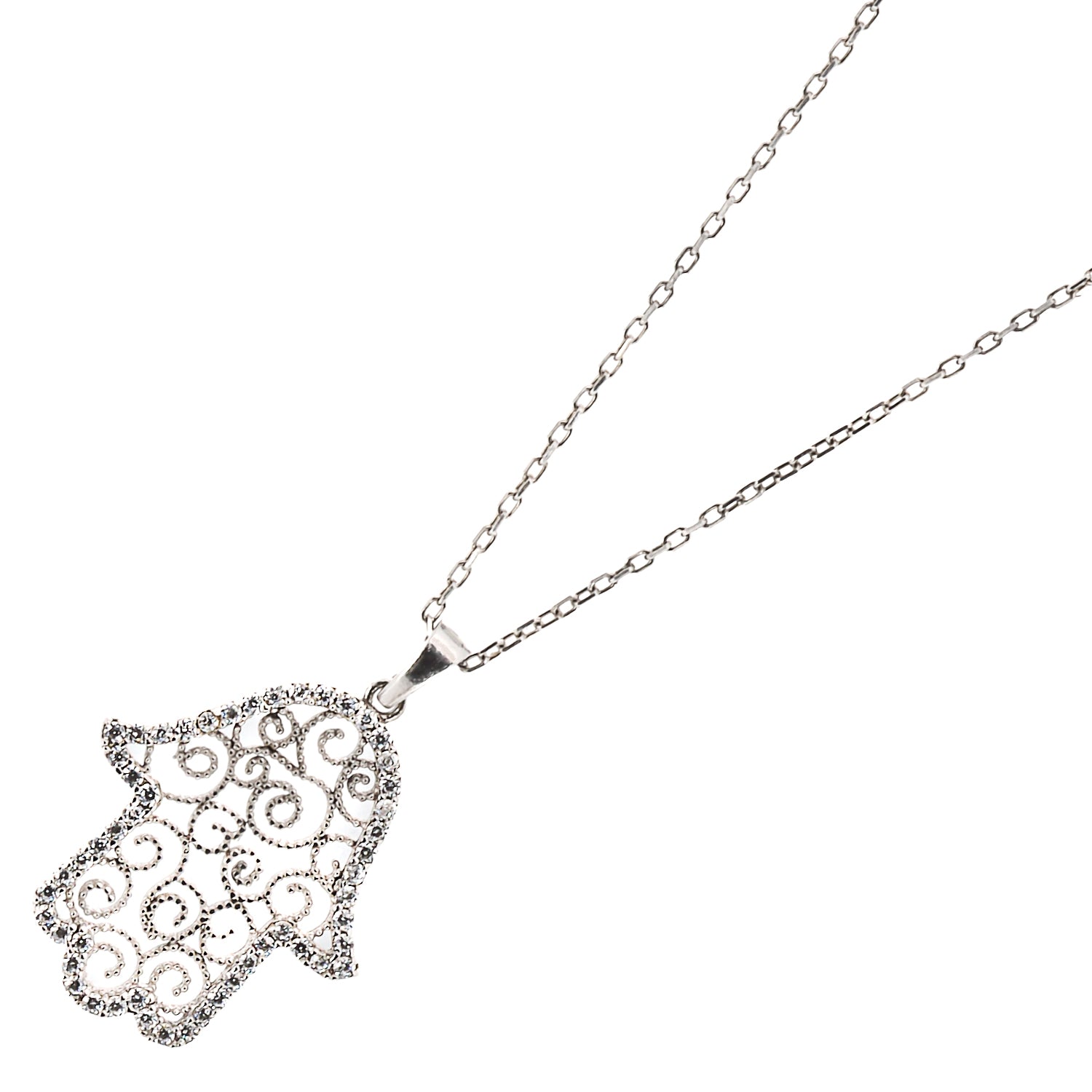 Embrace the enchanting allure of the Spiral Hamsa Necklace, featuring a delicately designed Hamsa pendant adorned with sparkling CZ diamonds on a sterling silver chain.