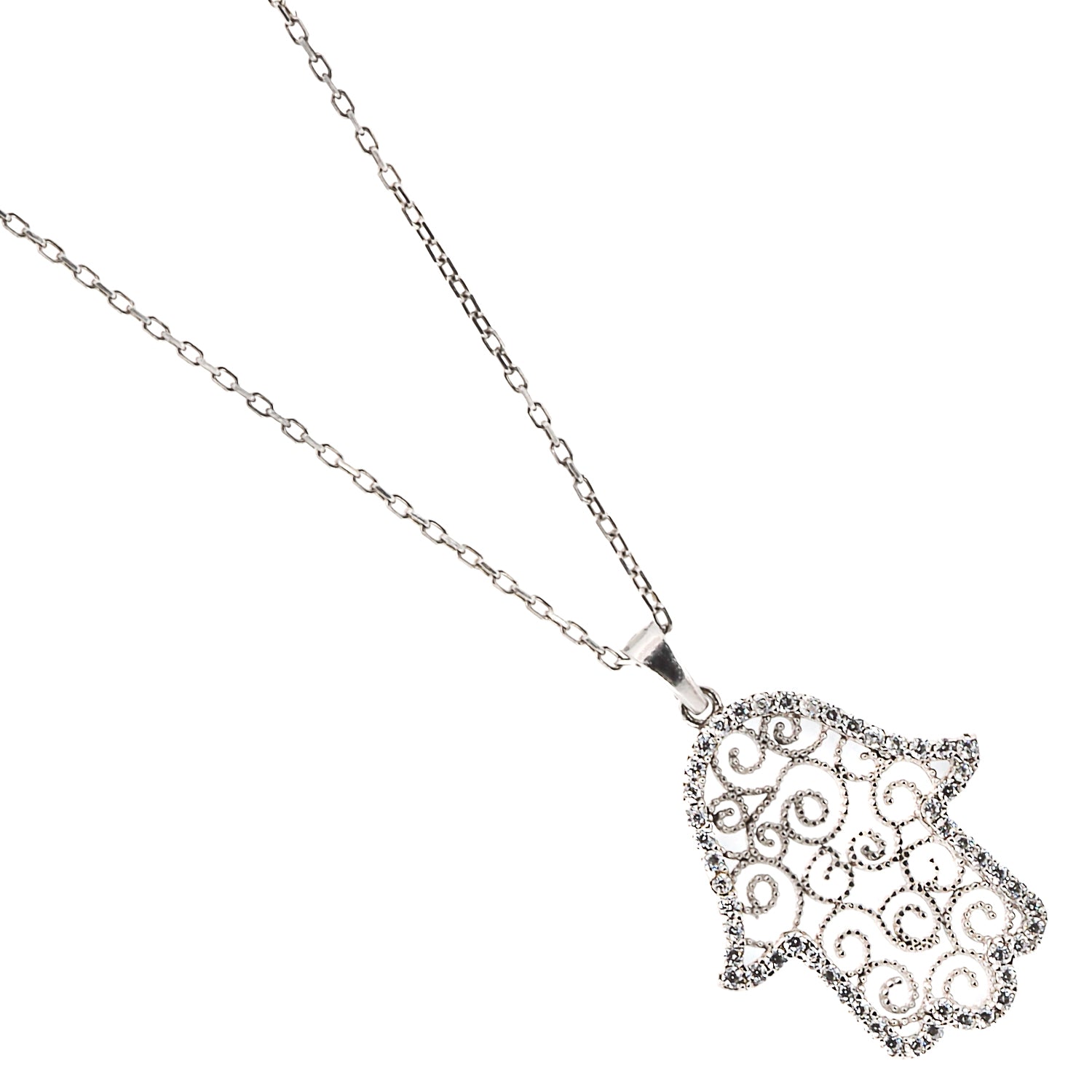The Spiral Hamsa Necklace combines symbolism and beauty, with its sterling silver chain and CZ diamond-adorned Hamsa pendant, embodying luck, protection, and grace.