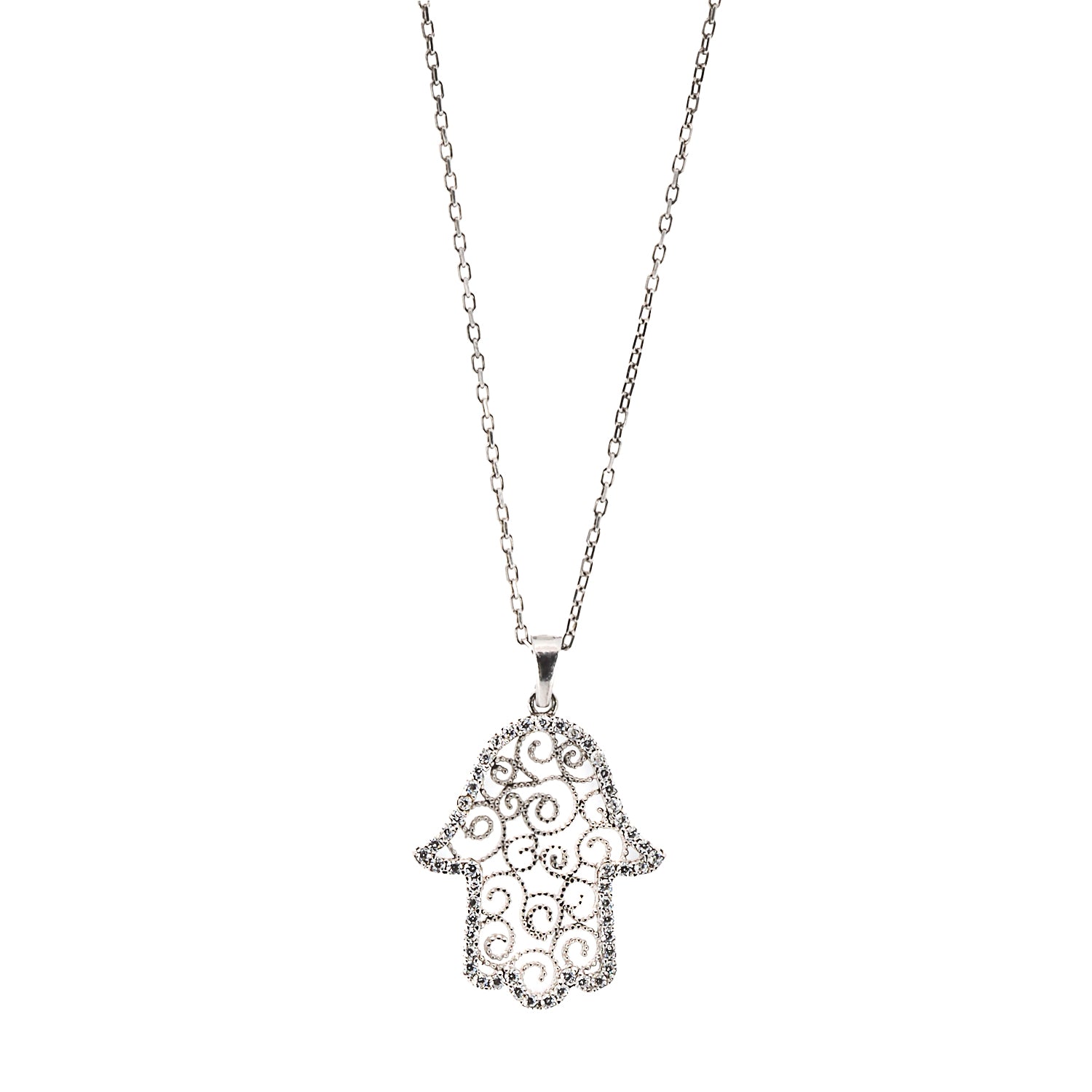 Embrace the spiritual protection and elegance of the Spiral Hamsa Necklace, featuring a beautifully crafted Hamsa pendant adorned with CZ diamonds on a sterling silver chain.