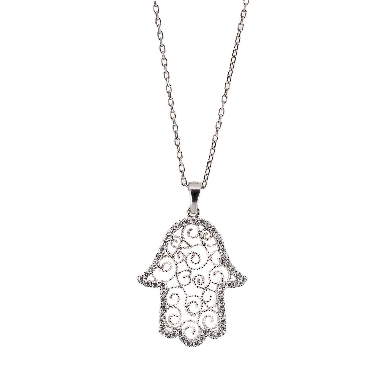 Discover the symbolism and beauty of the Spiral Hamsa Necklace, a handmade piece crafted with high-quality sterling silver and sparkling CZ diamonds, representing protection and blessings.