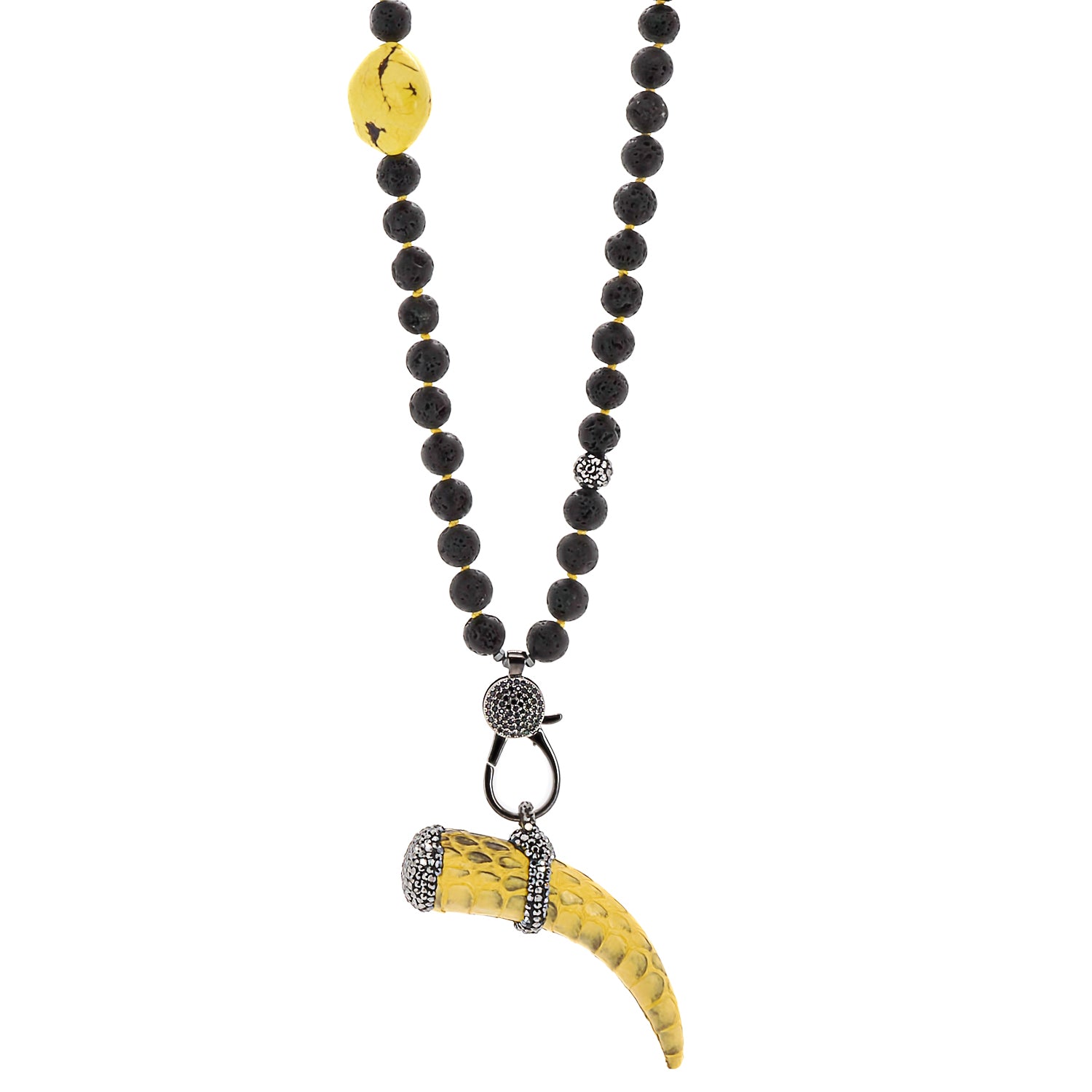 Spirit Cornicello Unique Necklace featuring a striking yellow and zircon Cornicello pendant, symbolizing protection and good luck, complemented by lava rock stones and Zircon beads for a powerful and meaningful accessory.