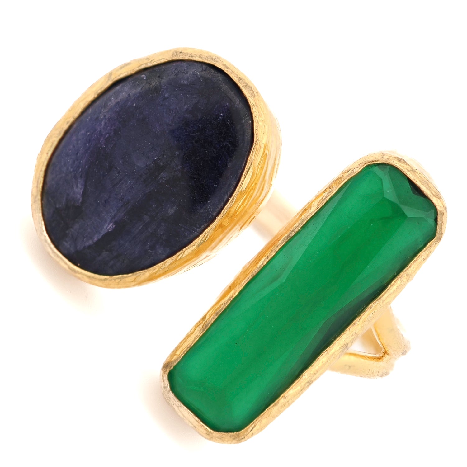 Handmade statement ring featuring vibrant green enamel and raw amethyst crystal

