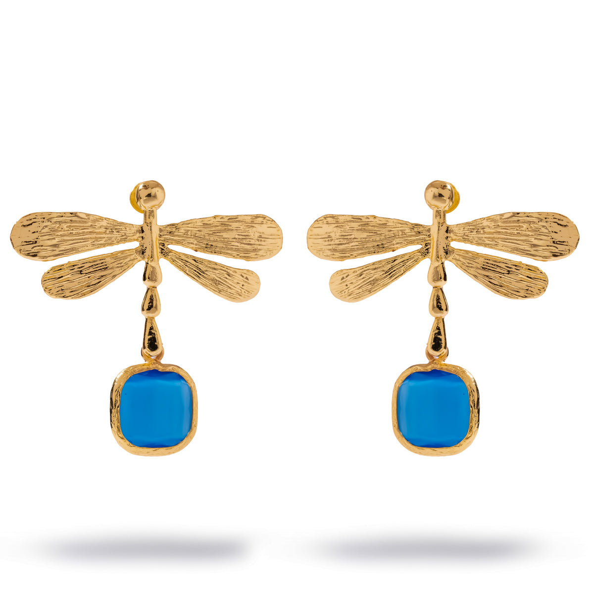 Front studio view of the Spiritual Dragonfly blue cat's eye earrings showing the etched wings and segmented gold body