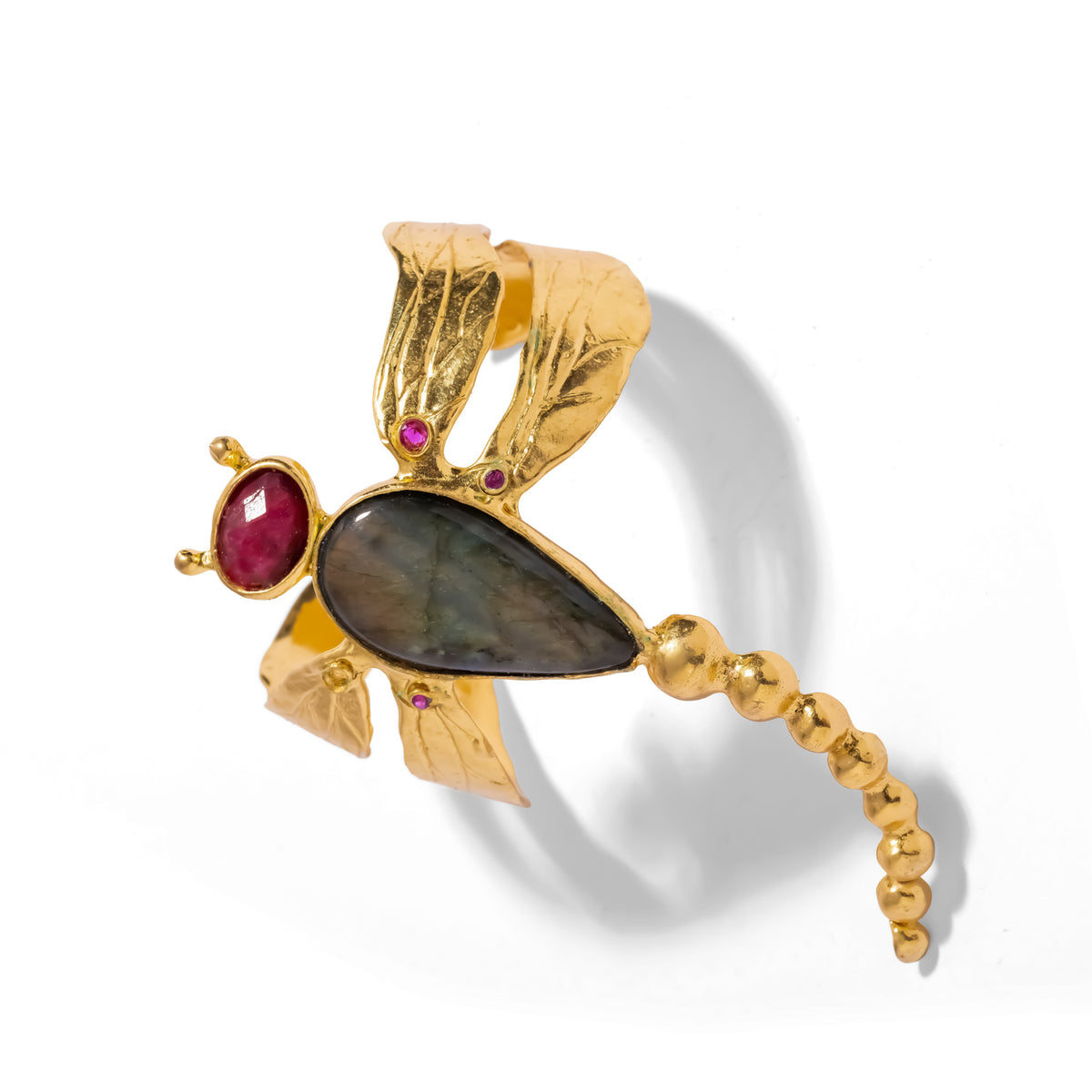 Spiritual Dragonfly Labradorite & Ruby Gold Cuff Bracelet, gold dragonfly cuff with a pear cut labradorite body and ruby head