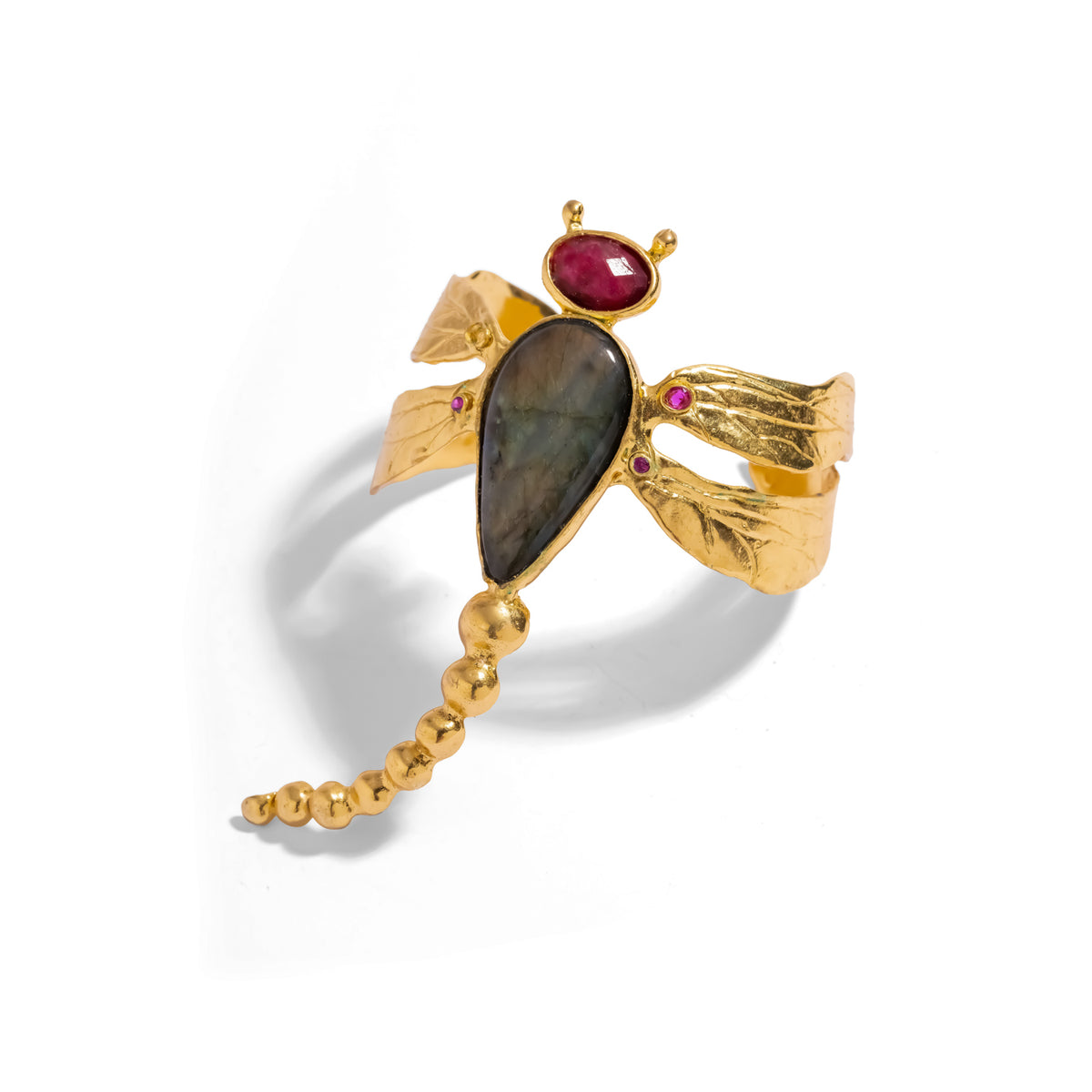 Spiritual Dragonfly Labradorite &amp; Ruby Gold Cuff Bracelet shown from above, open cuff form with the sculptural dragonfly on top