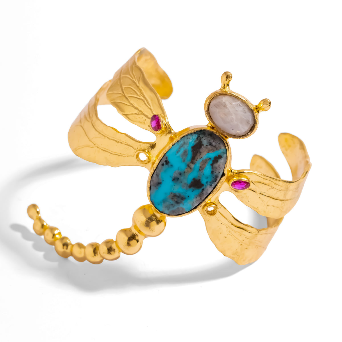Spiritual Dragonfly Turquoise & Ruby Gold Cuff Bracelet, gold dragonfly cuff with a turquoise body, ruby accents and textured wings