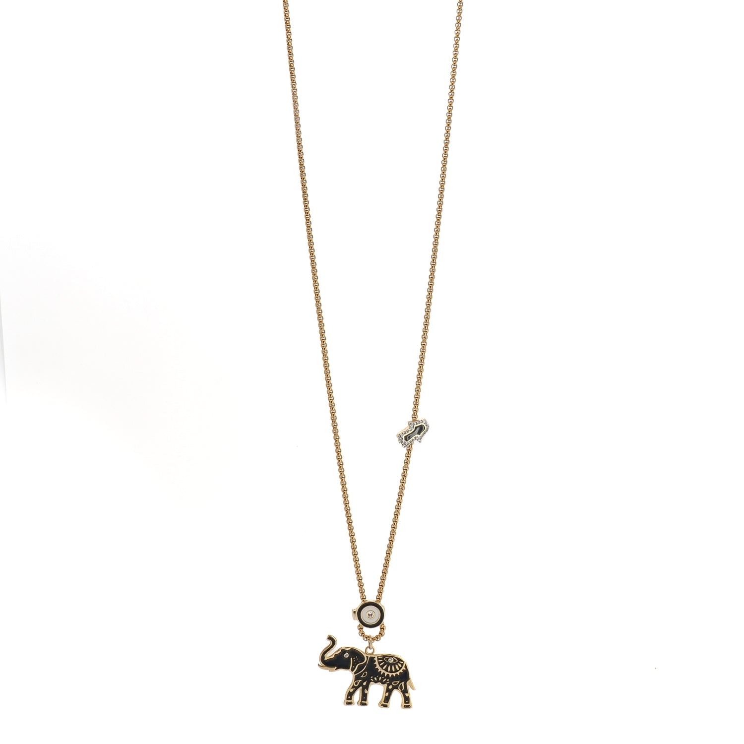 Long gold chain necklace with black enamel spiritual elephant pendant and protection charms