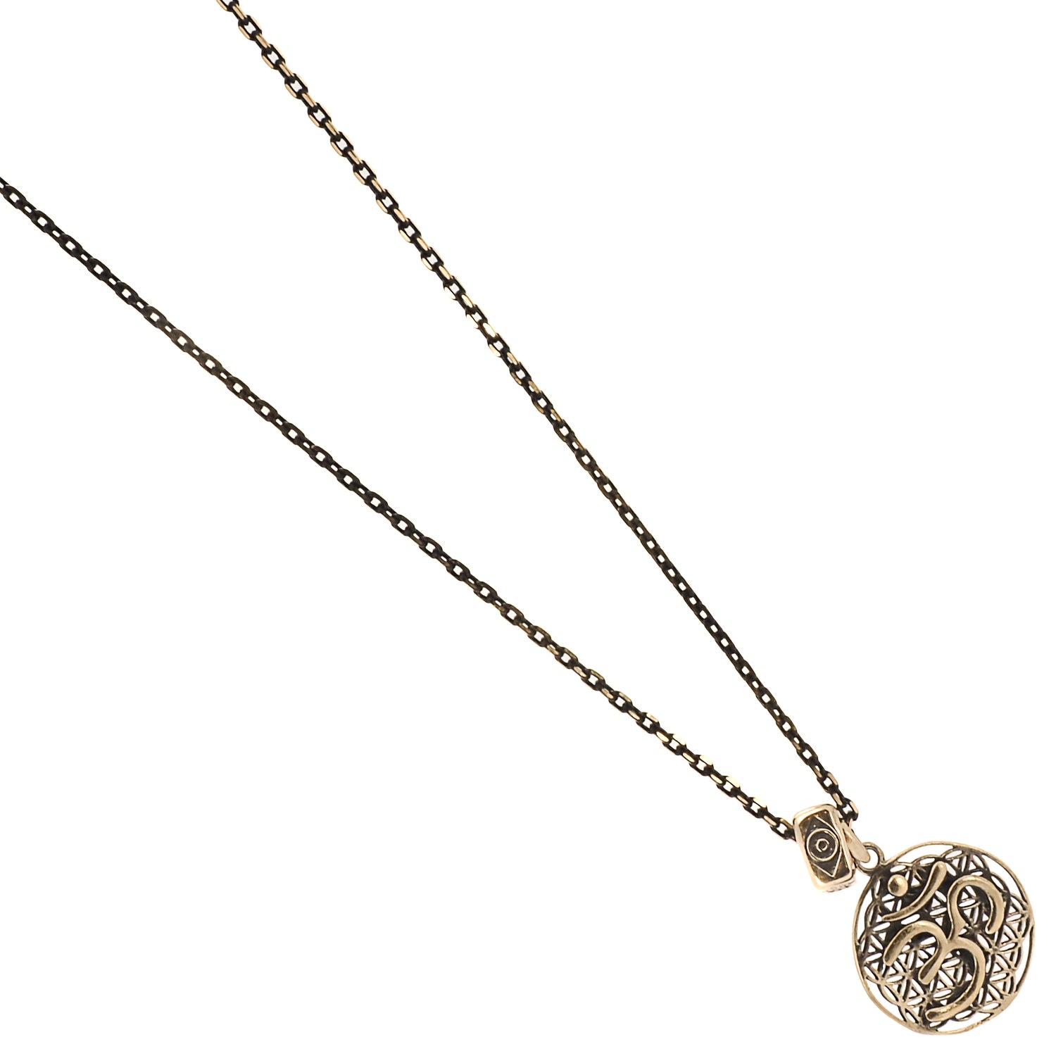 A detailed shot of the Spiritual Symbols Om Necklace, highlighting the symbolic bead with the evil eye, hamsa, and elephant motifs.