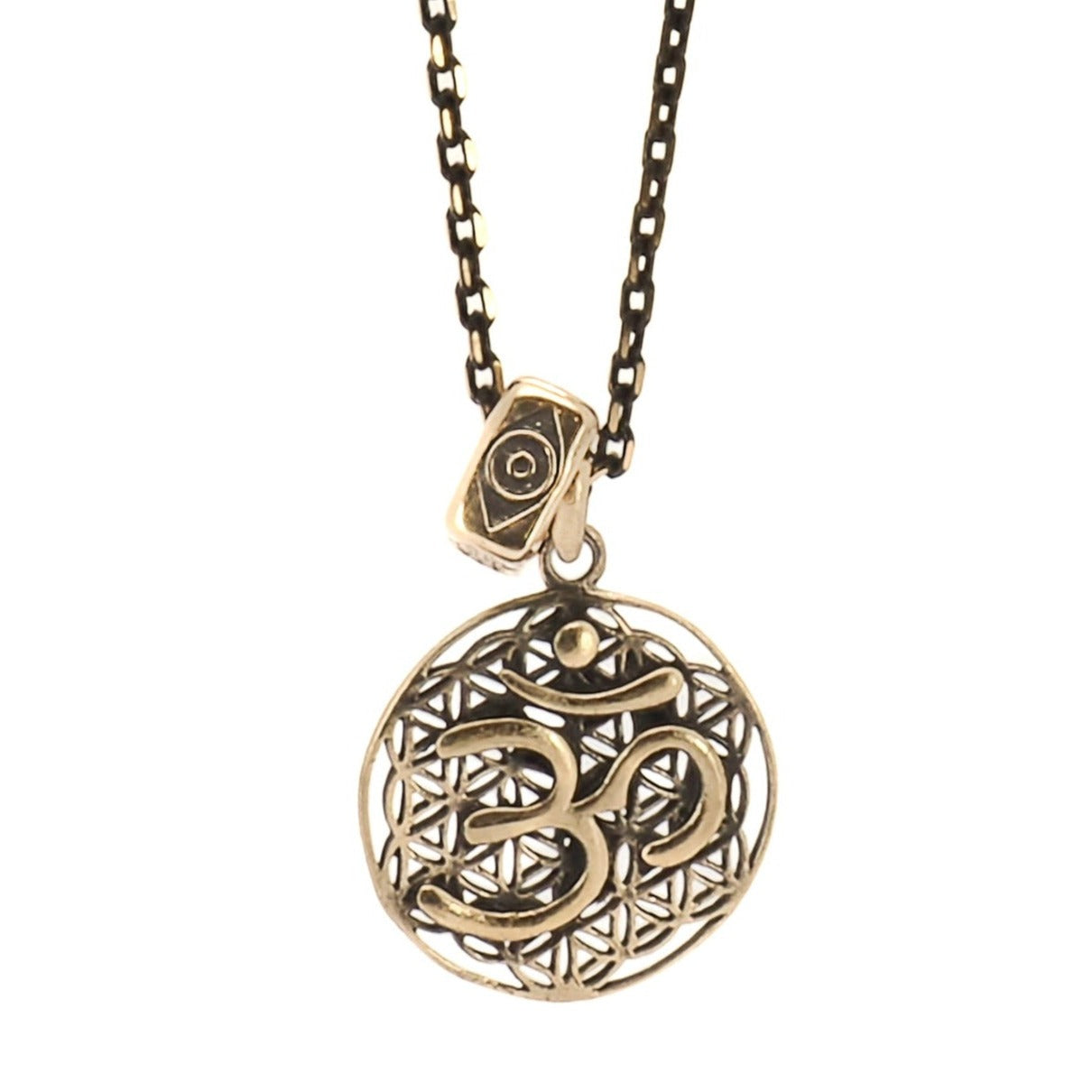 The Spiritual Symbols Om Necklace, featuring a beautiful gold-plated Om pendant on a bronze long chain, representing spirituality and consciousness.