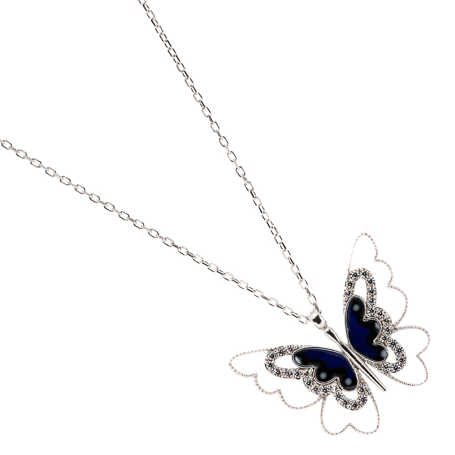 Stylish shot of the Spiritual Transformation Blue Butterfly Necklace, highlighting its unique design and the captivating blue enamel on the butterfly pendant.