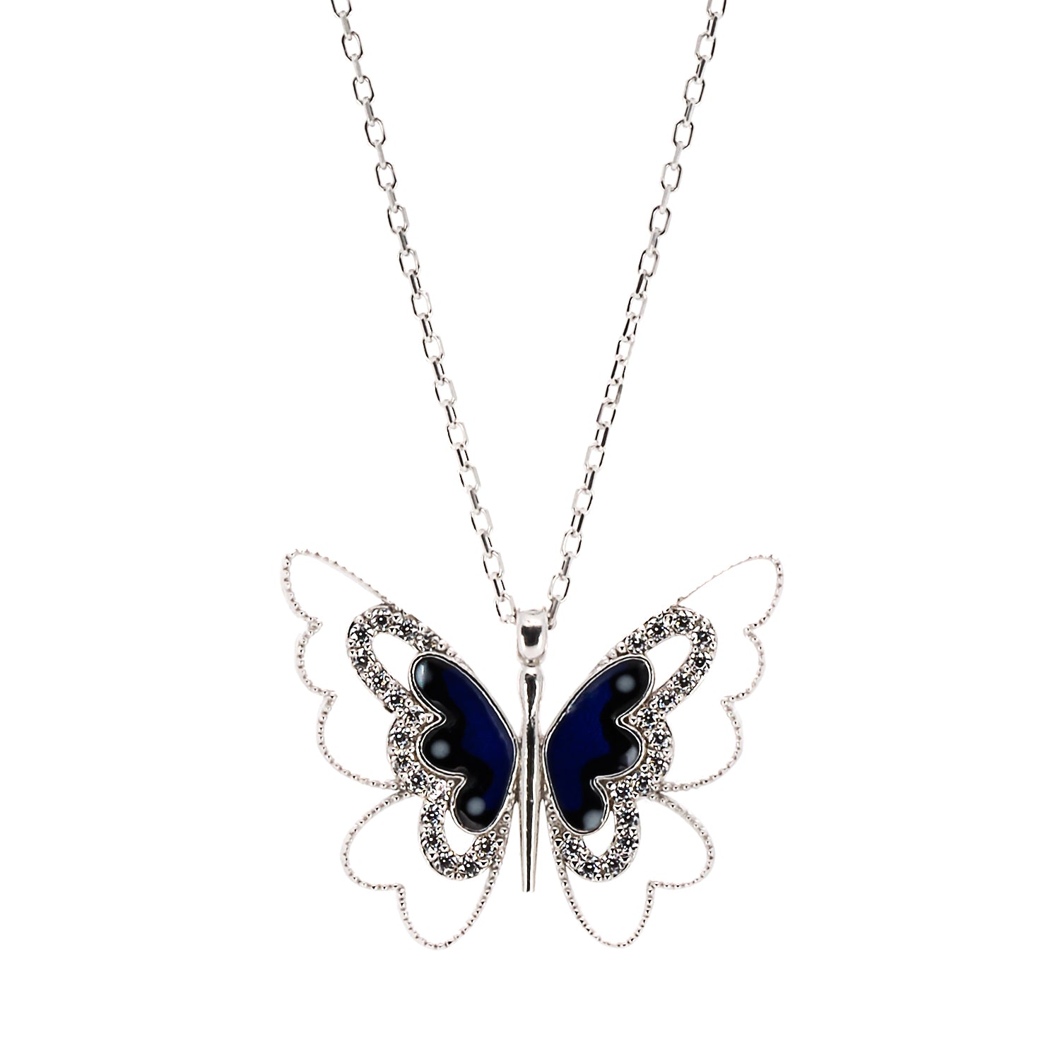 Spiritual Transformation Blue Butterfly Necklace featuring a stunning butterfly pendant crafted with 925 sterling silver and adorned with blue enamel and sparkling zirconia stones.