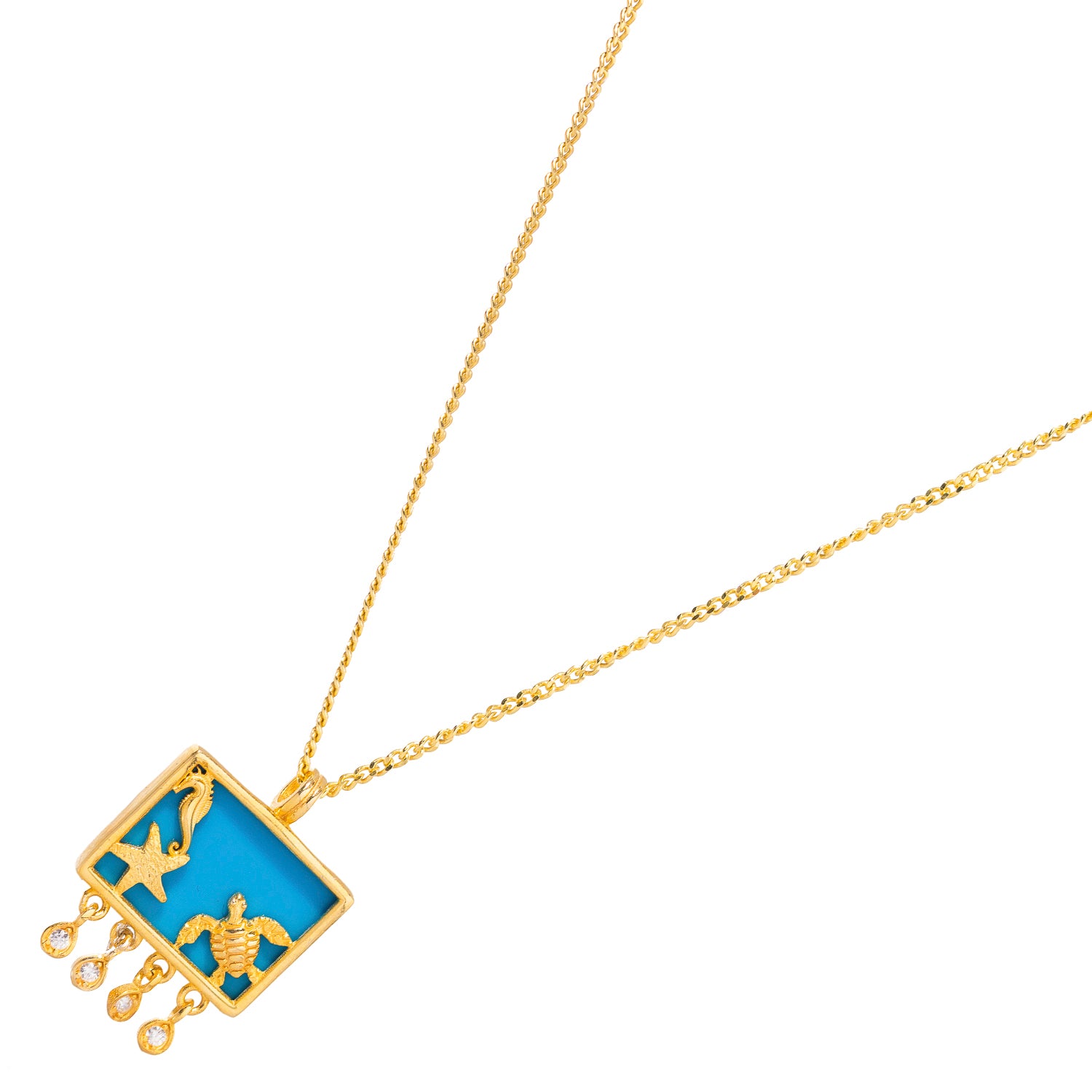 Starfish Ocean Spirit Animal Turquoise &amp; Gold Pendant Chain Necklace