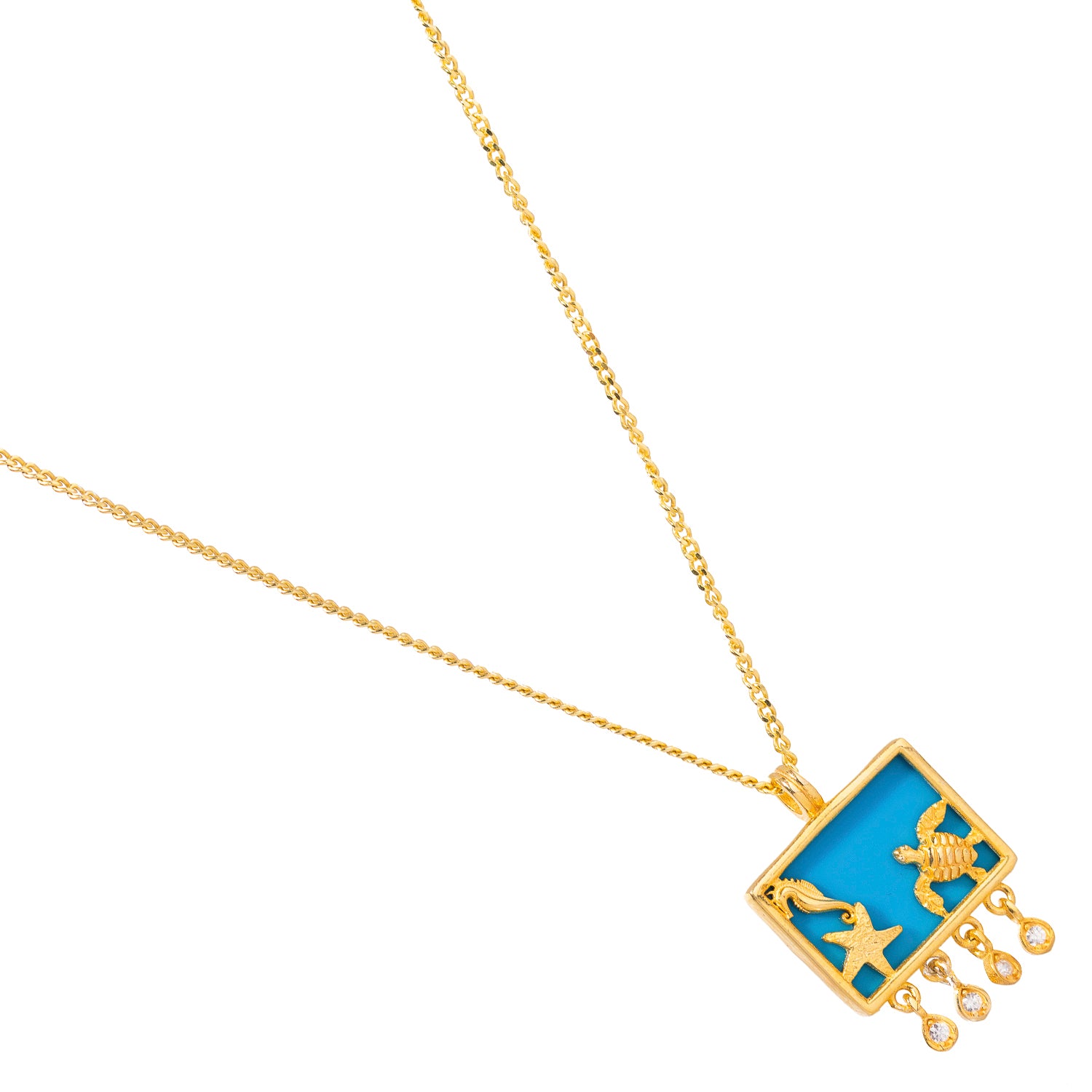 Starfish Ocean Spirit Animal Turquoise &amp; Gold Pendant Chain Necklace