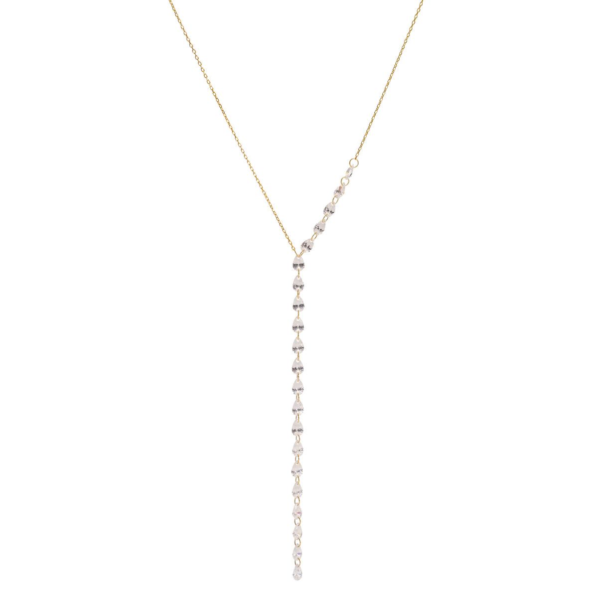 Front view of the Starlight Y drop necklace on white, zircons running along one side into the drop