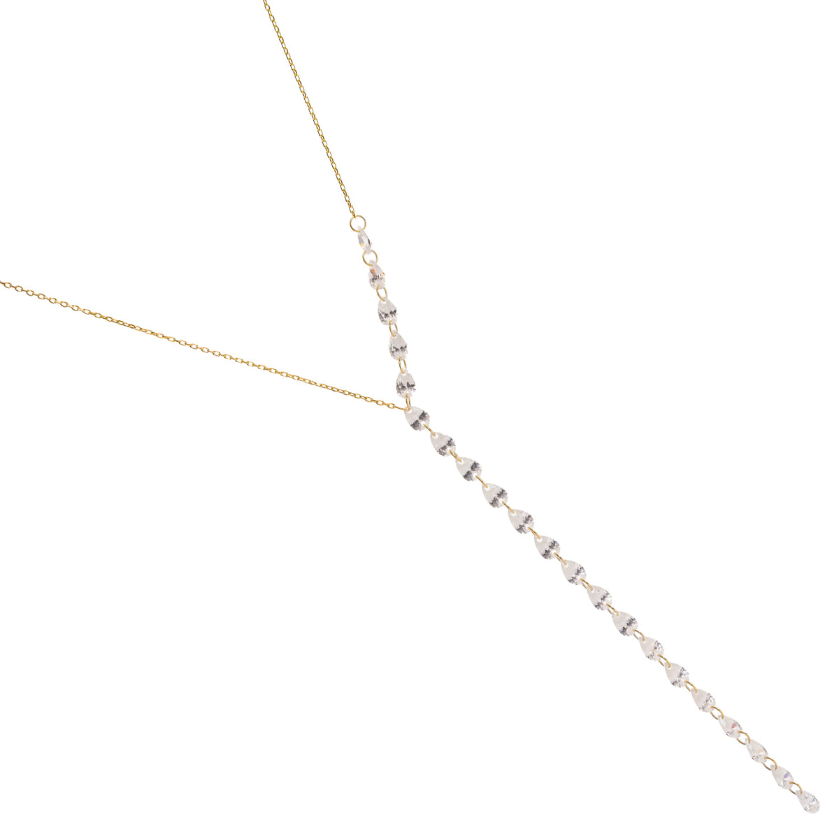 Starlight zircon Y necklace laid diagonally on white with its fine gold chain