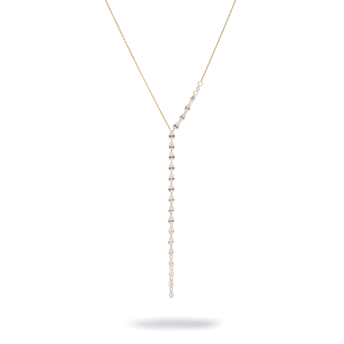 Starlight Pear Zircon Y Drop Gold Necklace, asymmetric line of pear shaped white zircons ending in a long drop