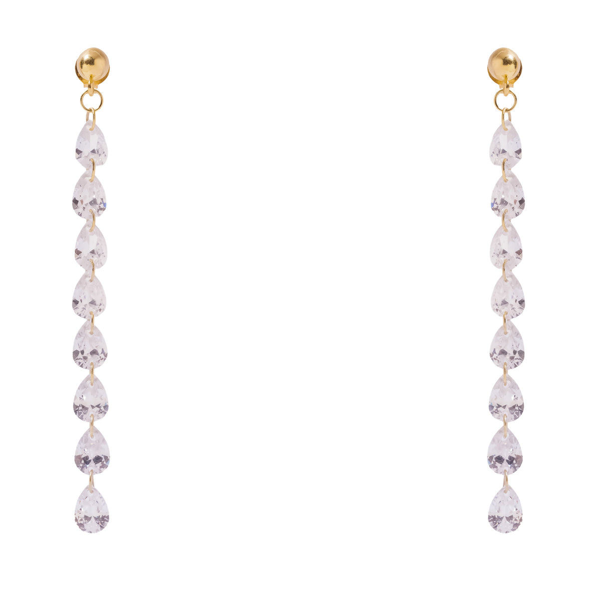 Starlight Pear Cut Zircon Gold Drop Earrings, eight linked pear cut white zircons falling from gold ball studs