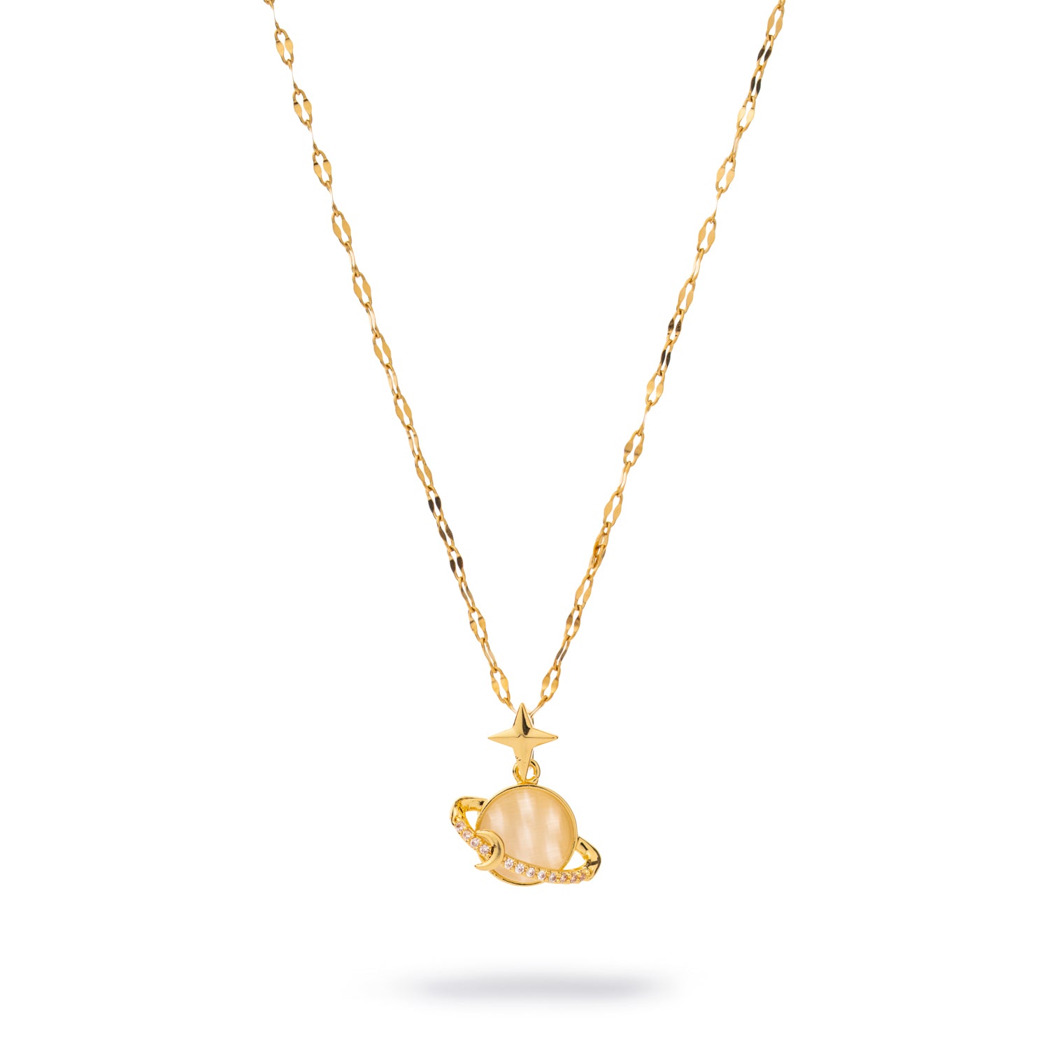 Gold-plated planet pendant necklace with round beige Cat’s Eye gemstone, star charm, and cubic zirconia accents on a delicate gold chain.

