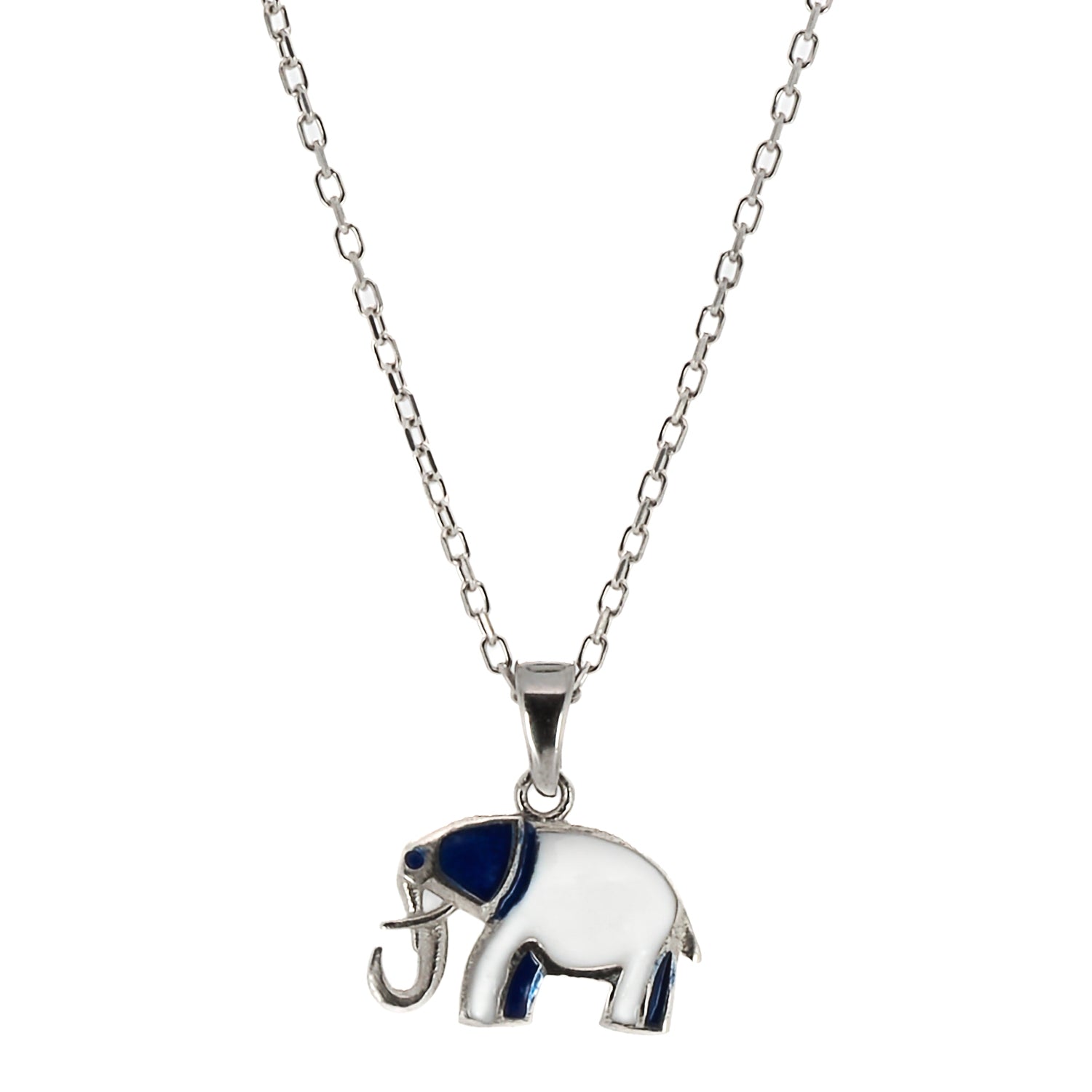 Sterling Silver Blue Elephant Necklace featuring a lucky elephant pendant intricately designed with sterling silver and adorned with white and blue enamel.