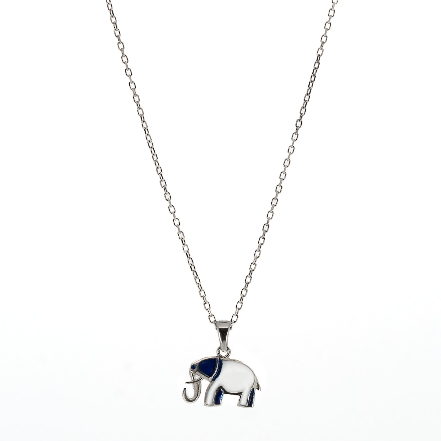 Close-up shot of the beautifully crafted elephant pendant on the Sterling Silver Blue Elephant Necklace, showcasing the exquisite details and enamel work.