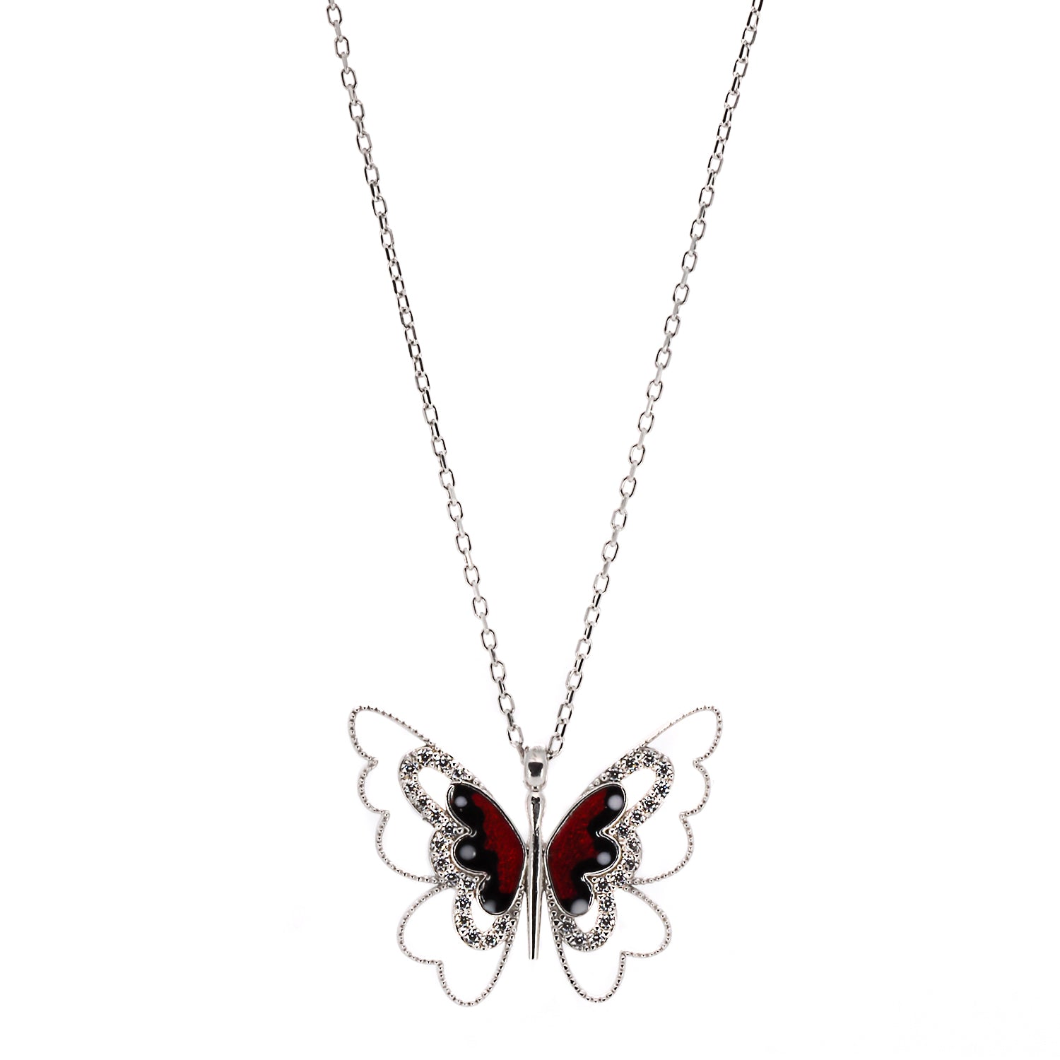 A close-up of the intricate red and black enamel design on the Sterling Silver Peace Red Butterfly Necklace.