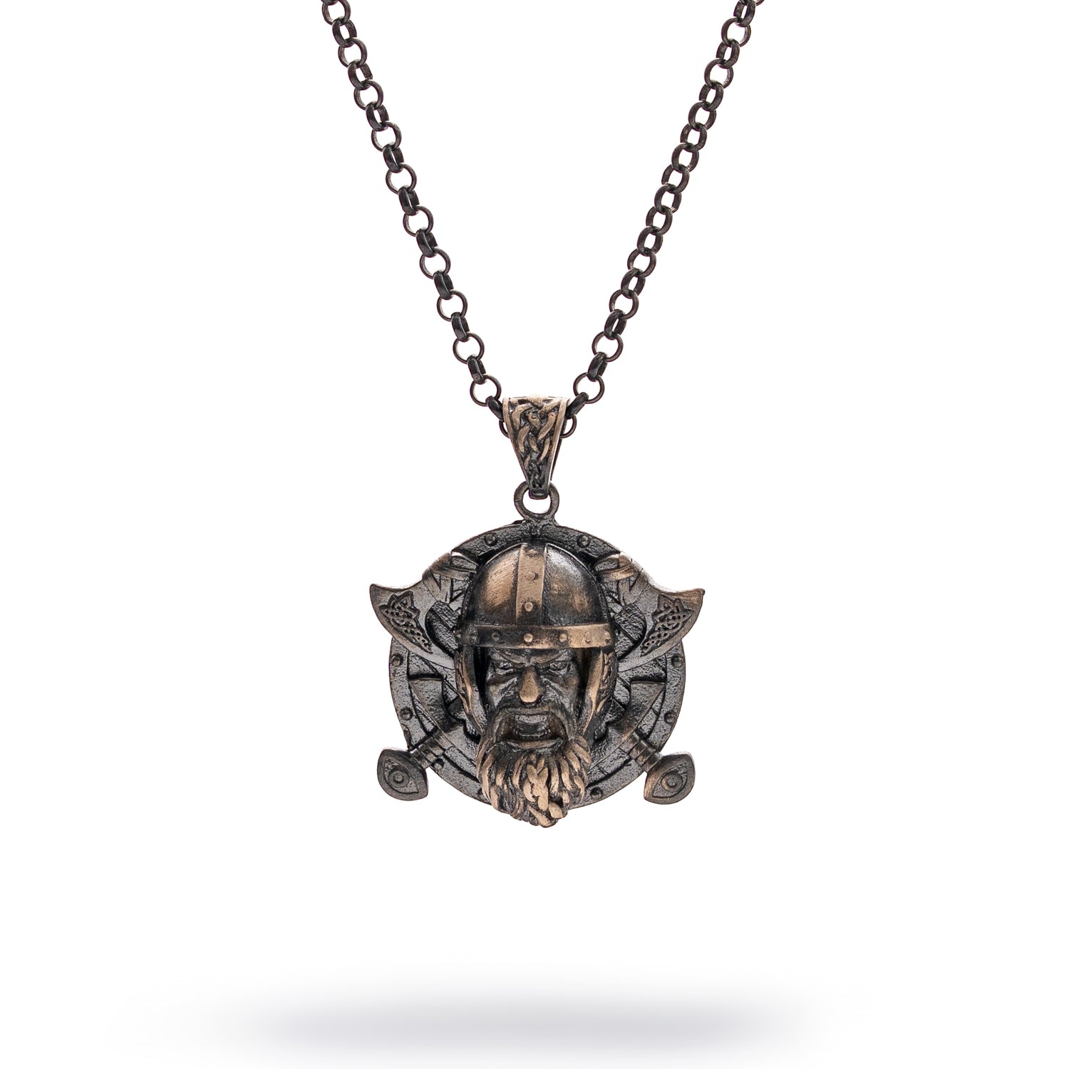 Sterling silver necklace with Viking warrior medallion pendant, rhodium-plated finish, detailed craftsmanship, black accents, bold masculine style.