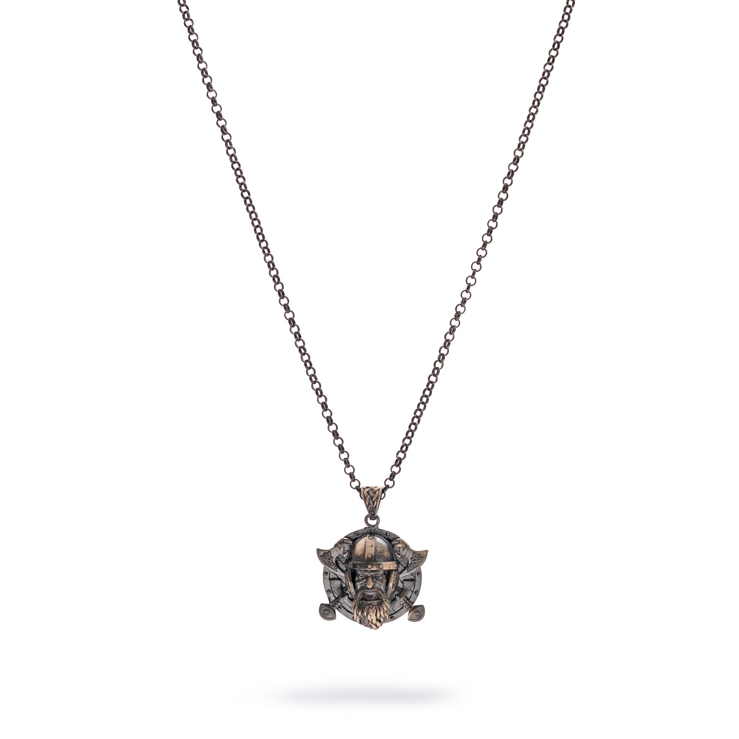 Sterling silver necklace with Viking warrior medallion pendant, rhodium finish, intricate craftsmanship, black accents, bold masculine style.