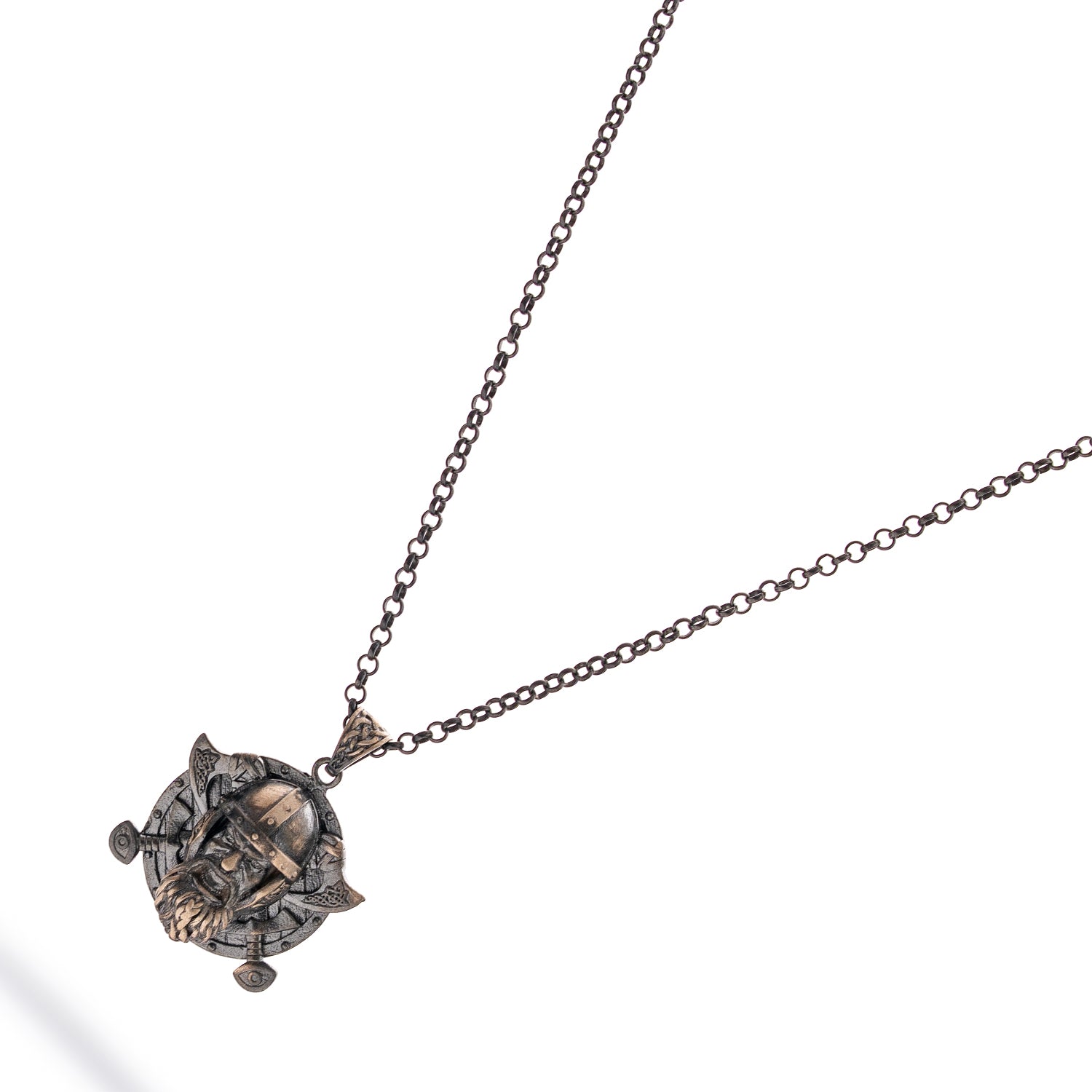 Sterling silver necklace with Viking warrior medallion pendant, rhodium finish, Norse patterns, black accents, strong chain, bold masculine style.