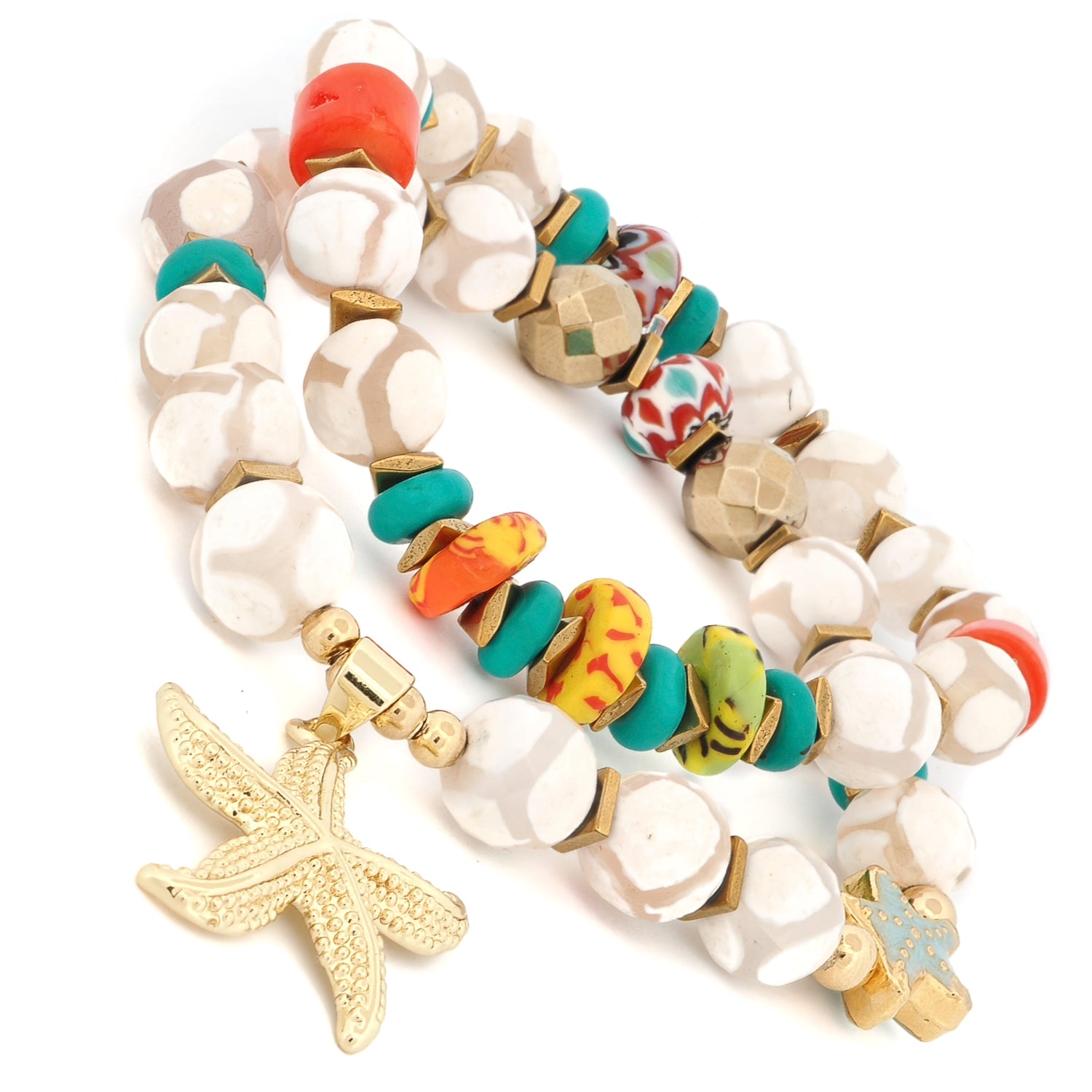 Multicolored beaded bracelet with a starfish charm on a white background