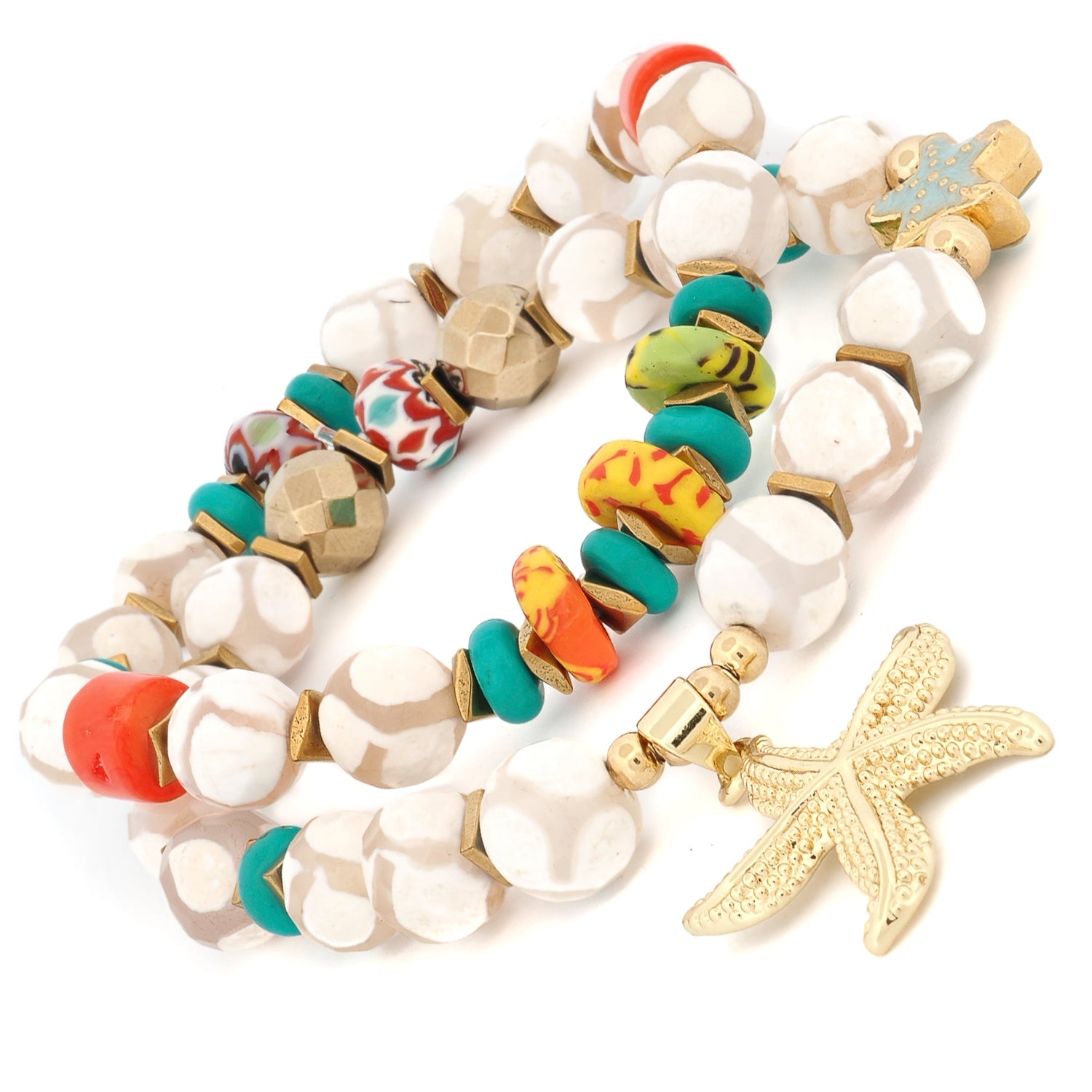 Multicolored beaded bracelet with a starfish charm on a white background